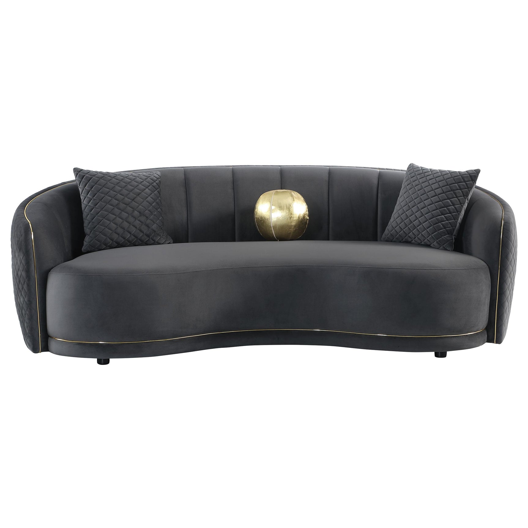 Detail of dark grey velvet upholstery on Brookside curved sofa