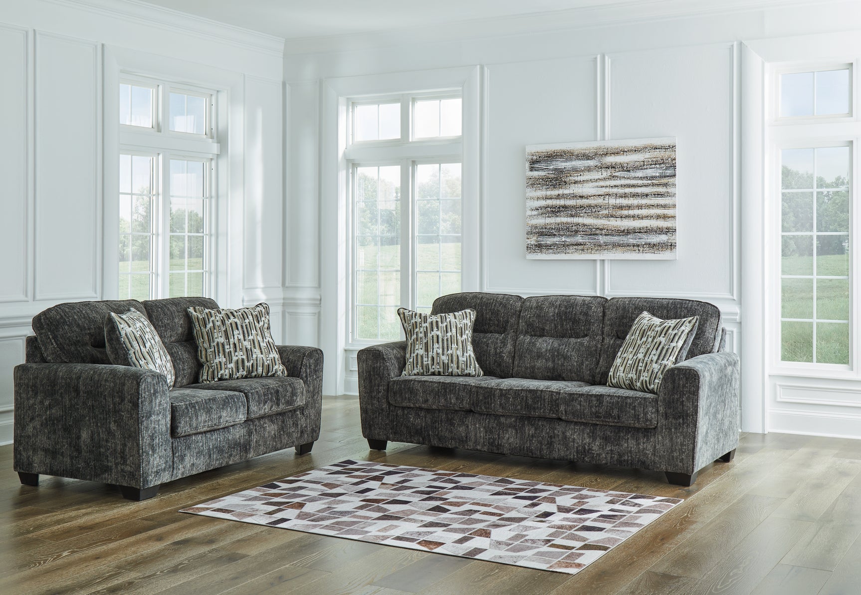 side view of Lonoke Gunmetal Sofa and Loveseat