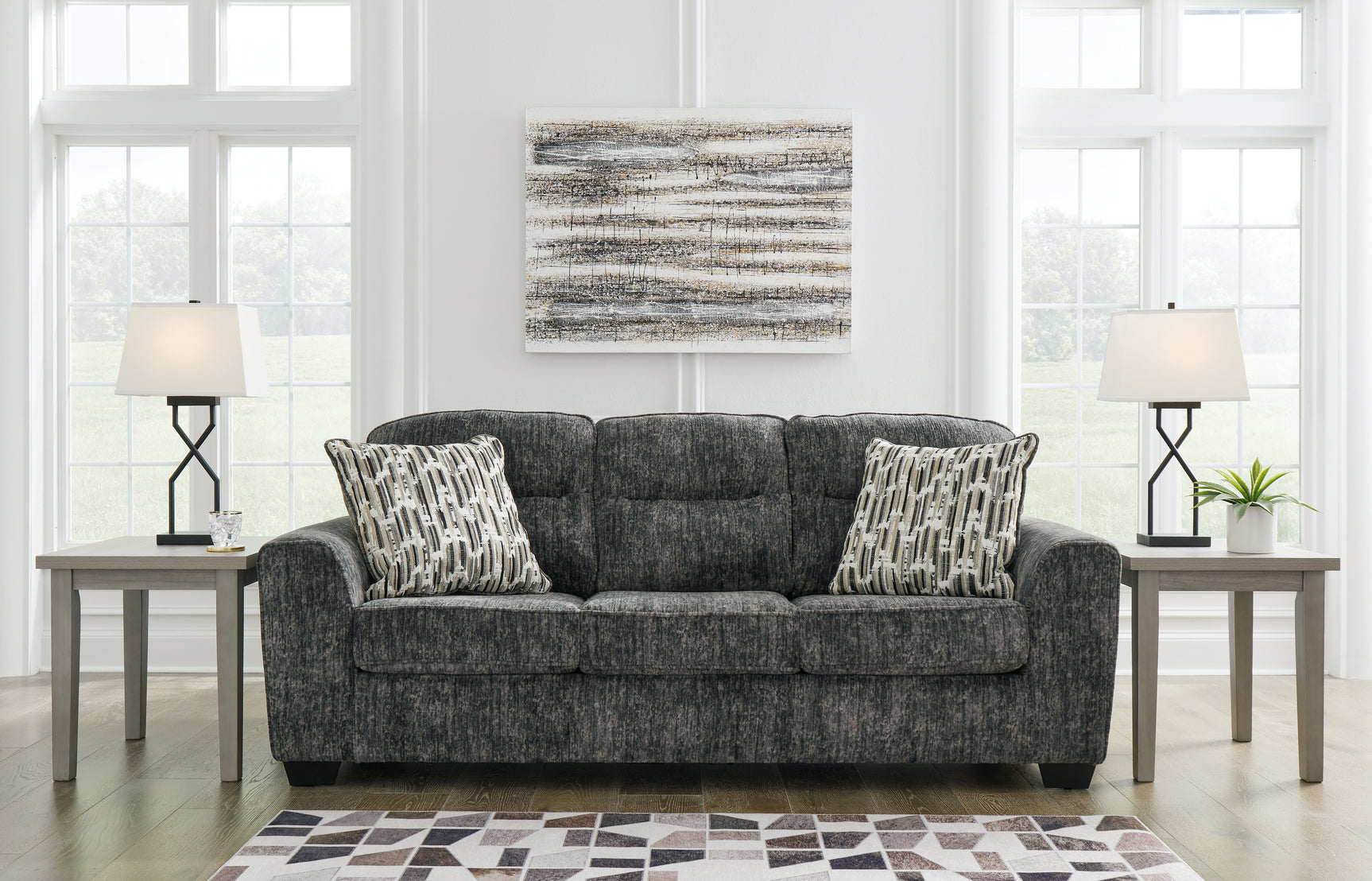 Lonoke Gunmetal 4-piece living room set with sofa, loveseat, chair, and ottoman