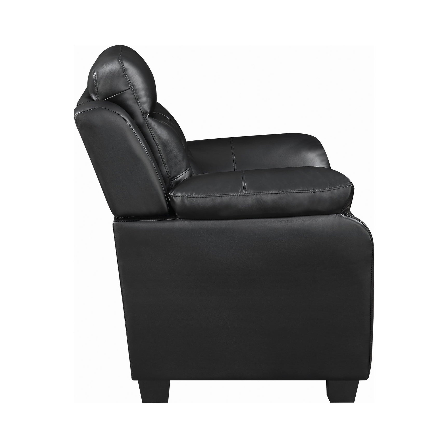 Finley black tufted upholstered sofa angled side view