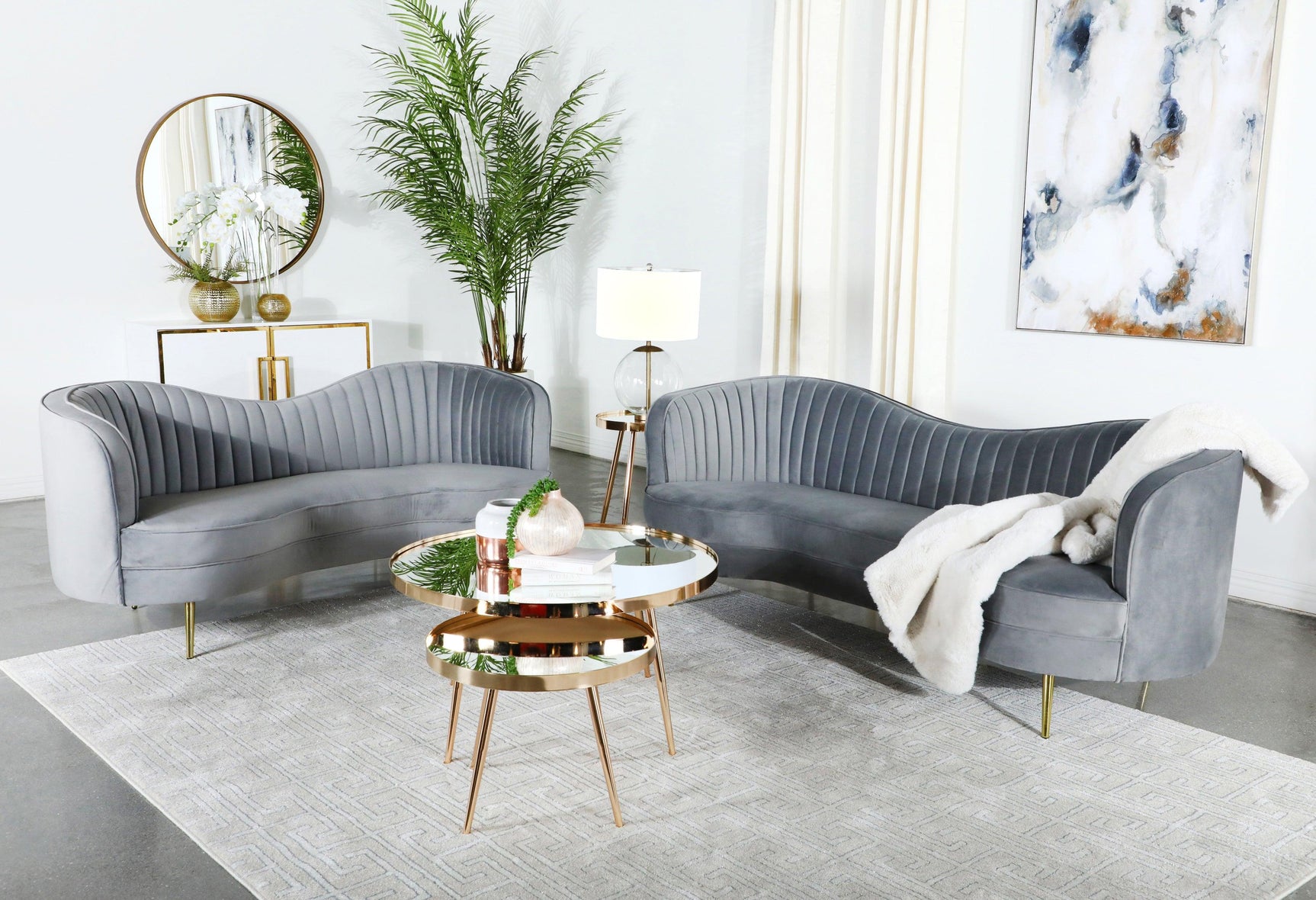 Sophia Upholstered Sofa With Camel Back Grey And Gold - Ella Furniture