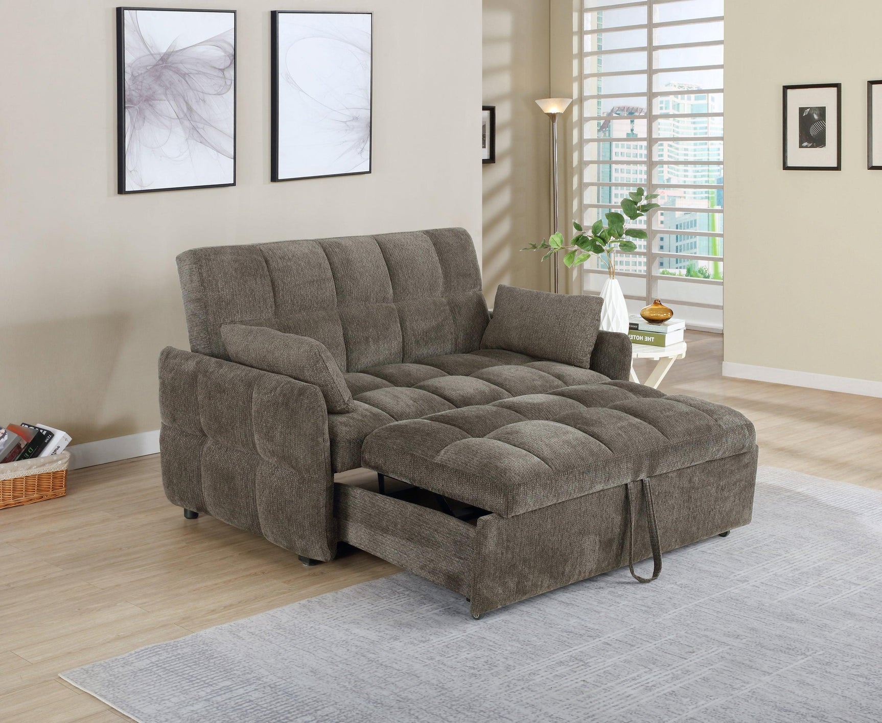 Cotswold Tufted Cushion Sleeper Sofa Bed Brown folded as sofa