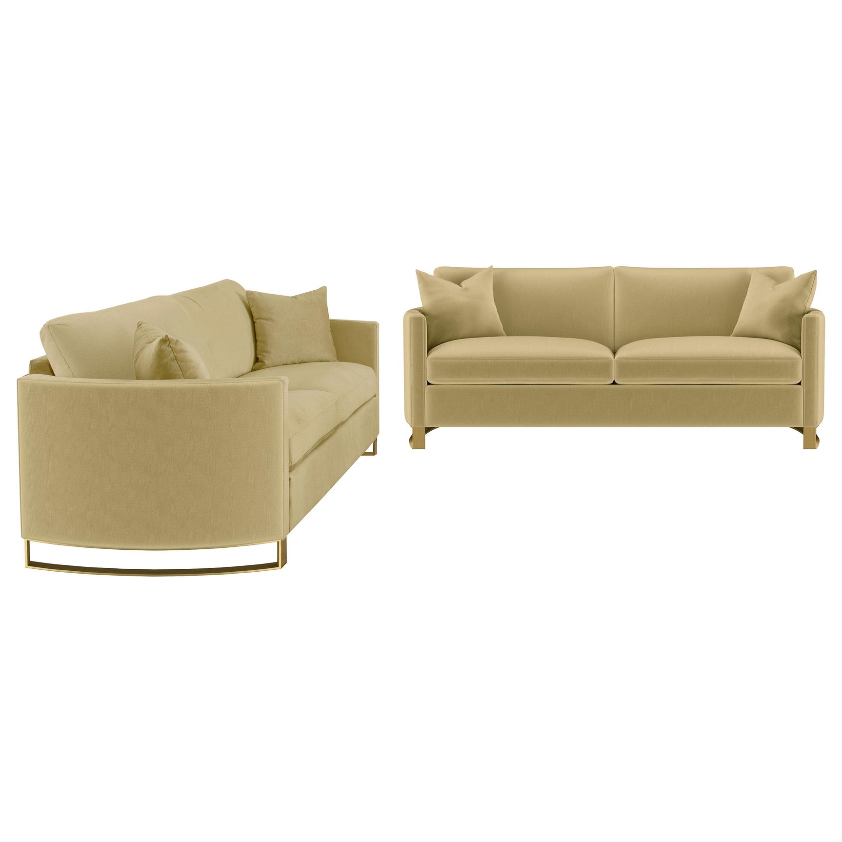 Side angle view of Corliss camel velvet upholstered sofa set