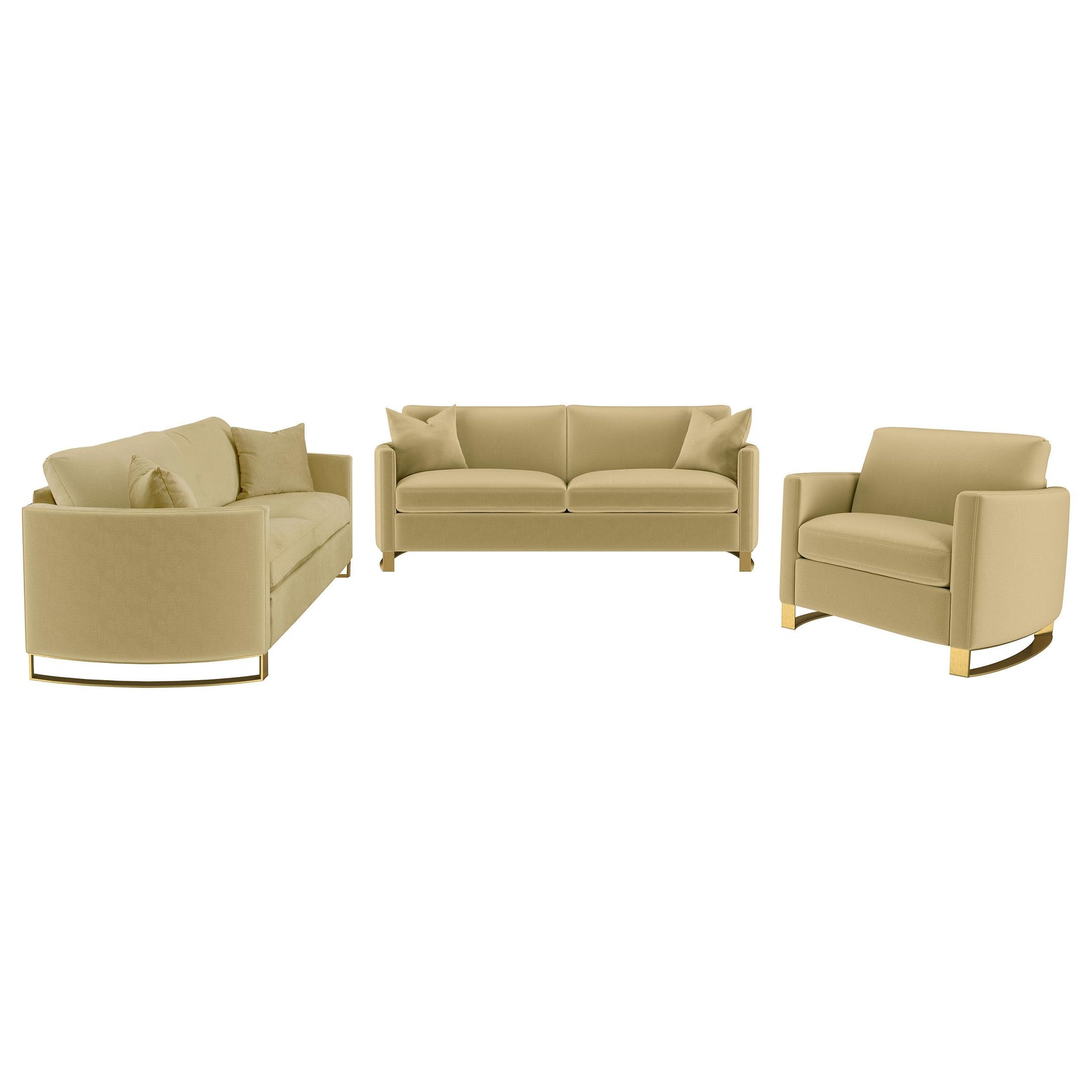 Side view of Corliss velvet sofa set camel