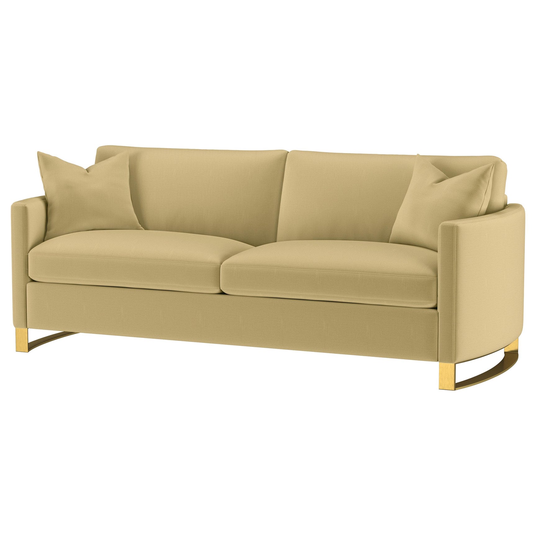 Front angle view of Corliss curved track arm sofa in camel fabric