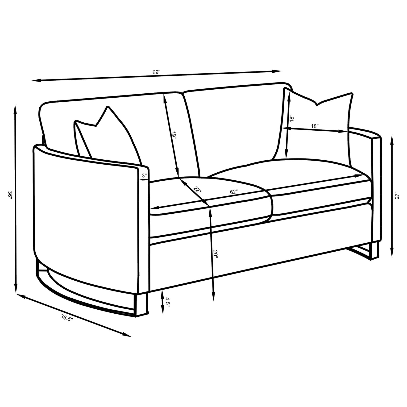 Front angle with gold legs of Corliss loveseat