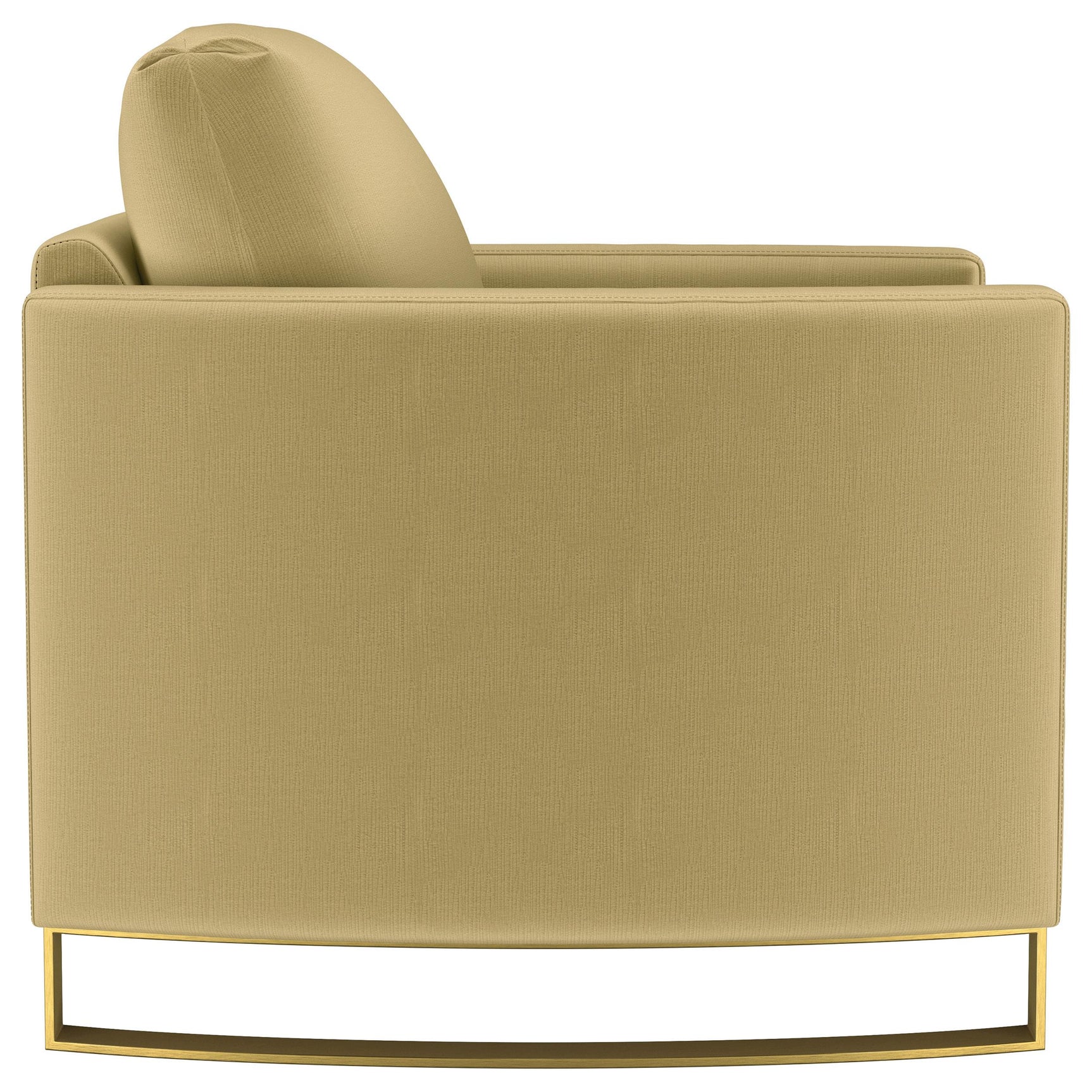 Corliss Upholstered Curved Track Arm Chair in camel velvet, angled view