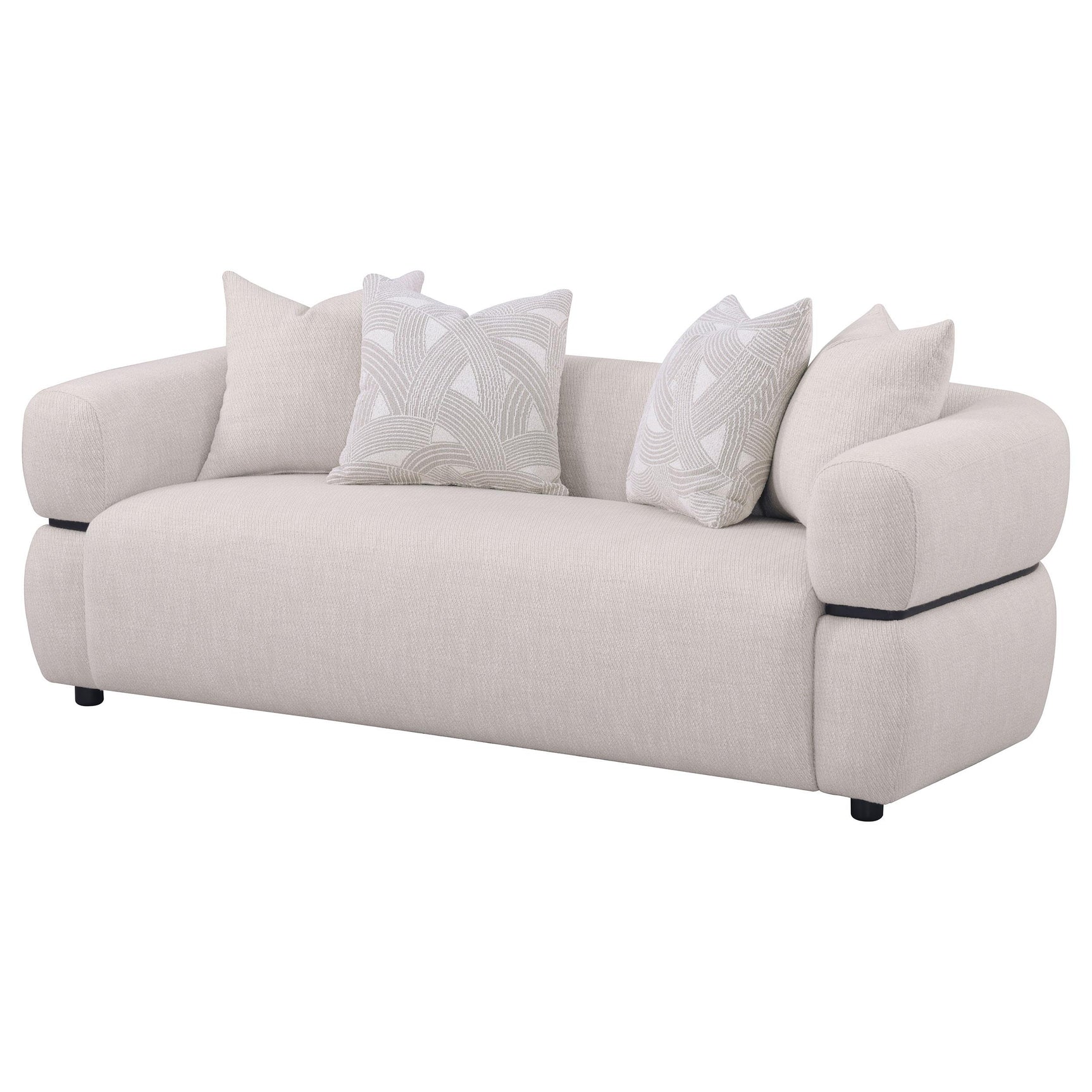 Close-up of Jeanette sofa beige fabric upholstery and rounded arm