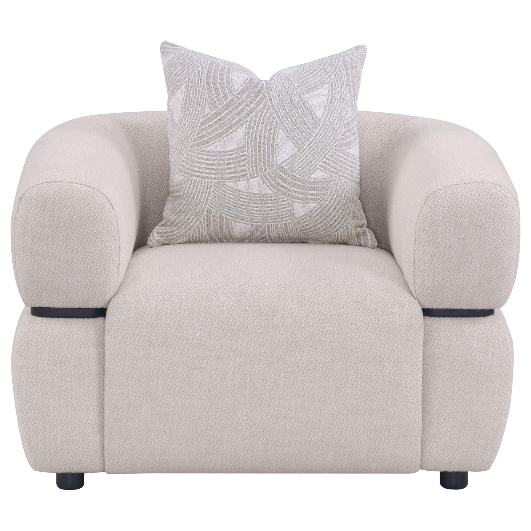 Jeanette accent chair side profile showing solid wood waistband