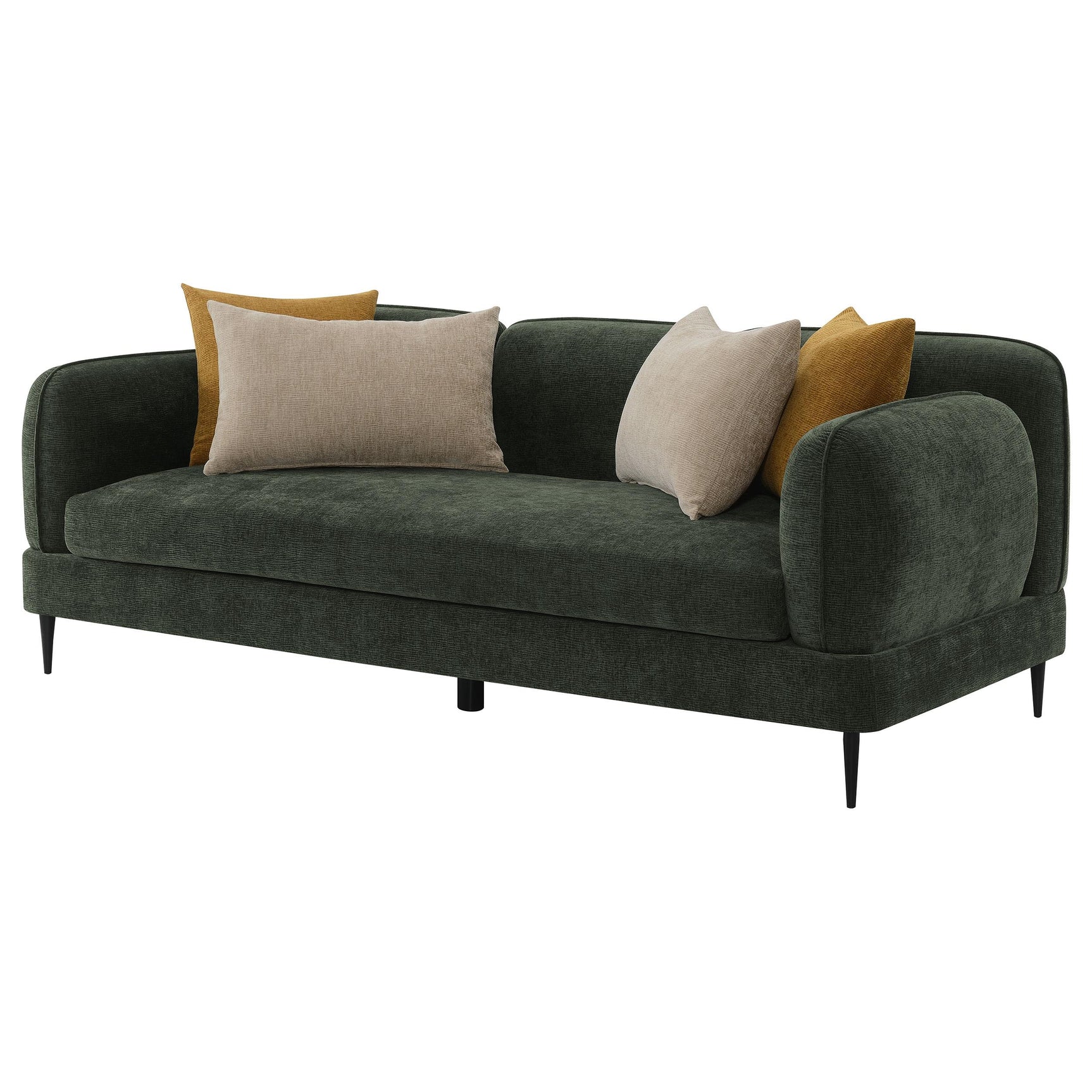 Close-up detail of green fabric upholstery on Soba sofa