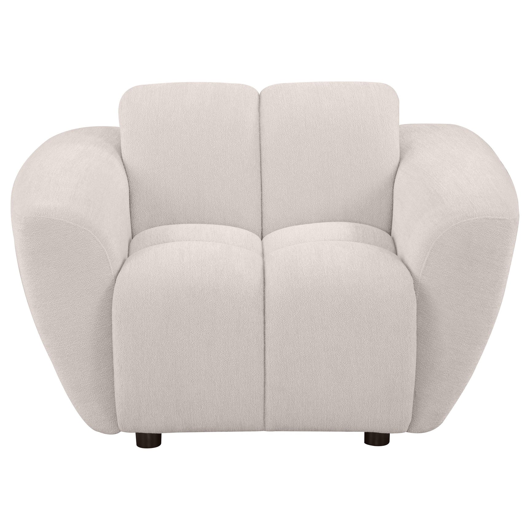 Side angle of Destino chenille accent chair showing tufted upholstery and wooden legs