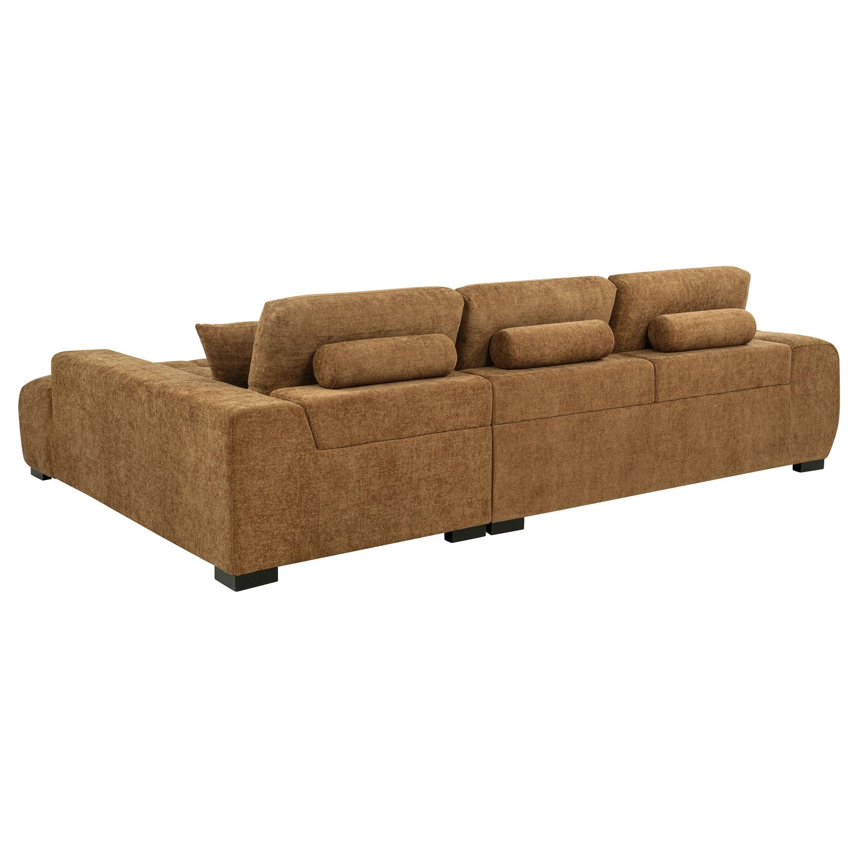 Close-up detail of amber fabric upholstery and wood leg on sectional sofa