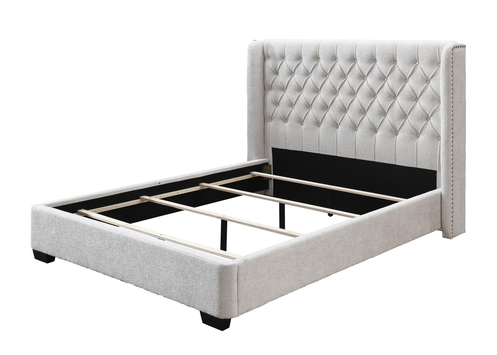 Side view of Daphne Gray solid wood upholstered king bed frame