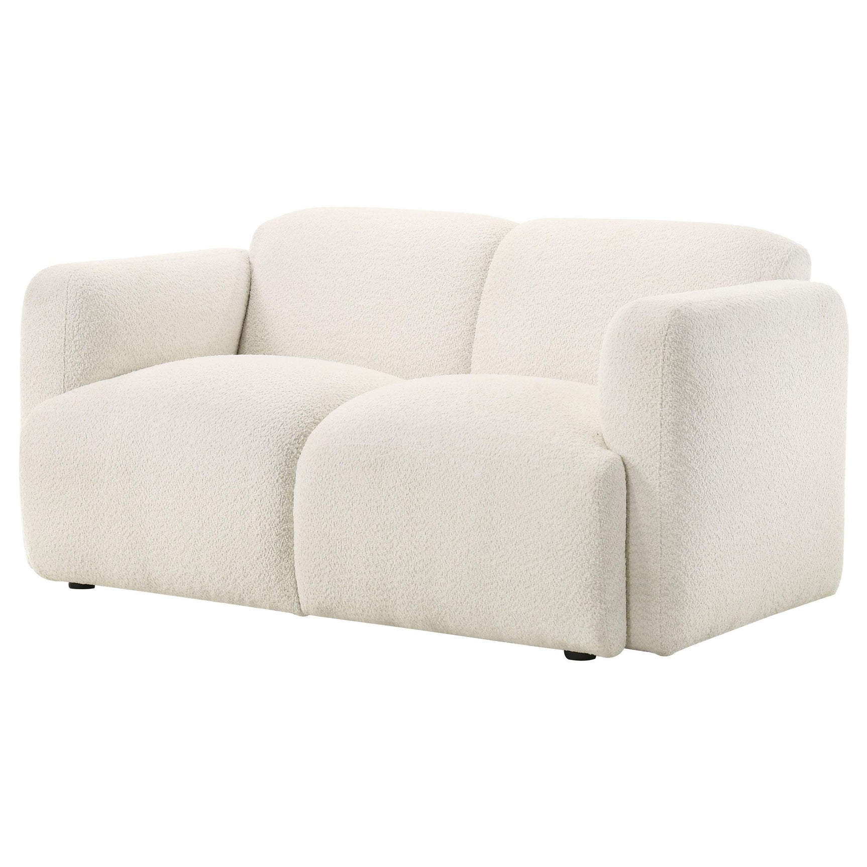 Detail of white fabric upholstery and stitching on Dorset loveseat