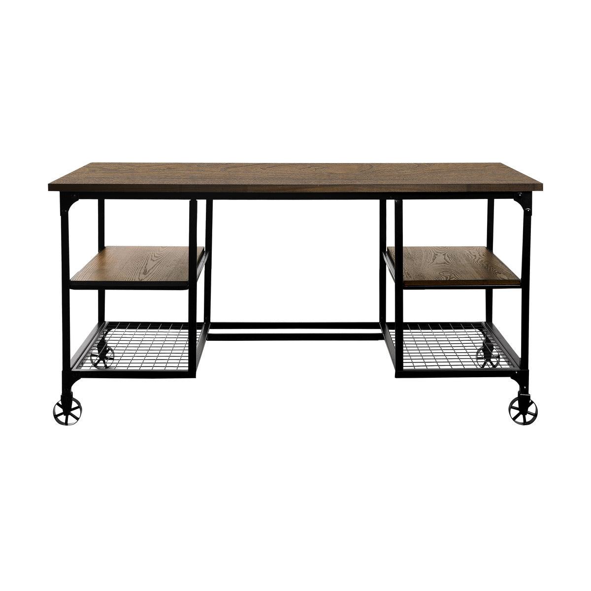 Millwood Writing Desk front view showing weathered natural wood surface and black metal frame