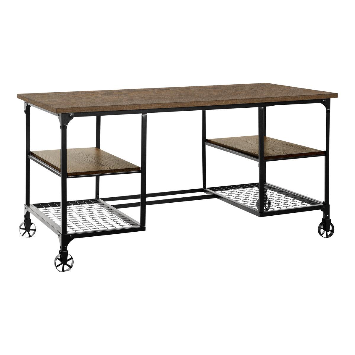 Millwood Writing Desk side angle showing drawers and shelves