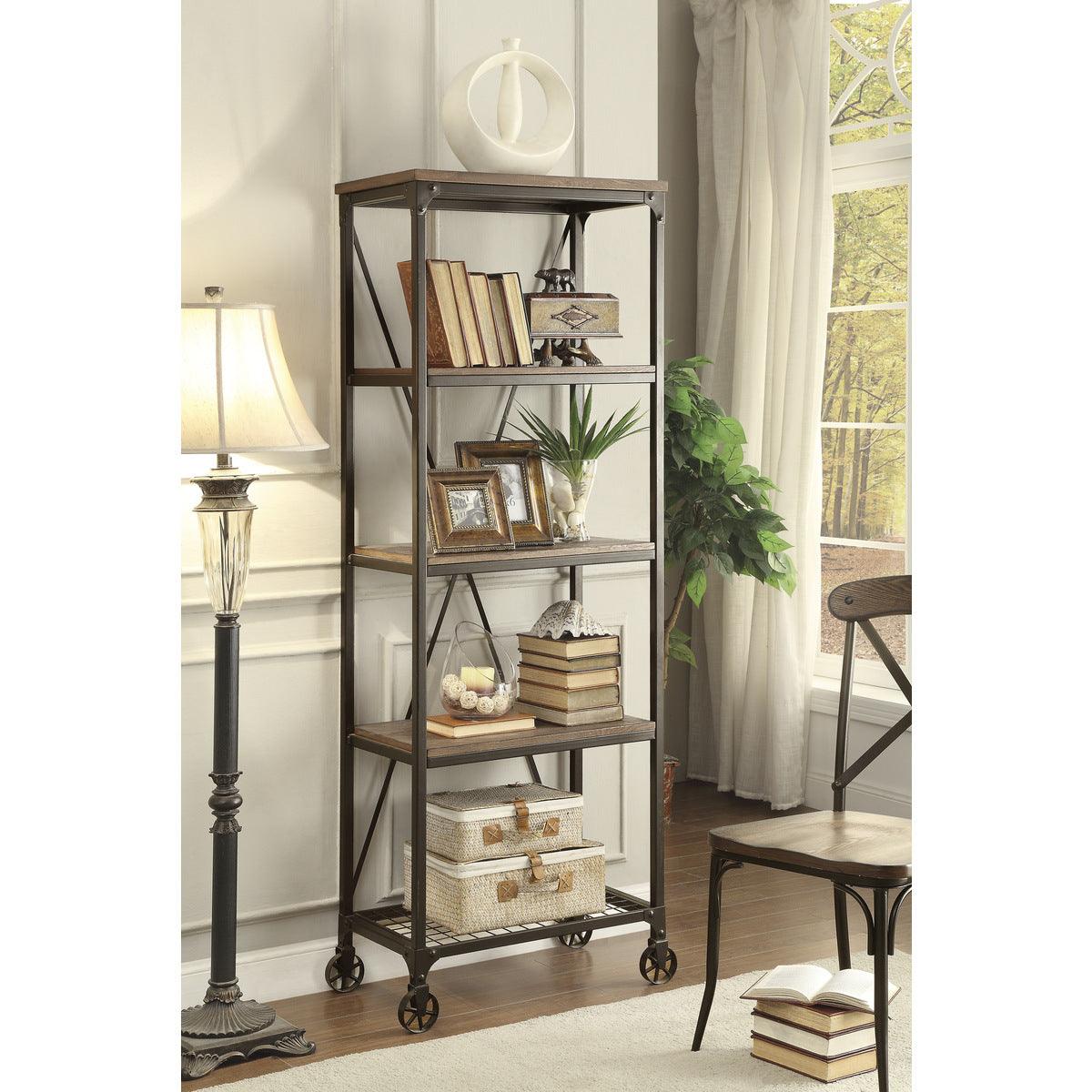 Close-up of Millwood bookcase shelf surfaces and metal casters