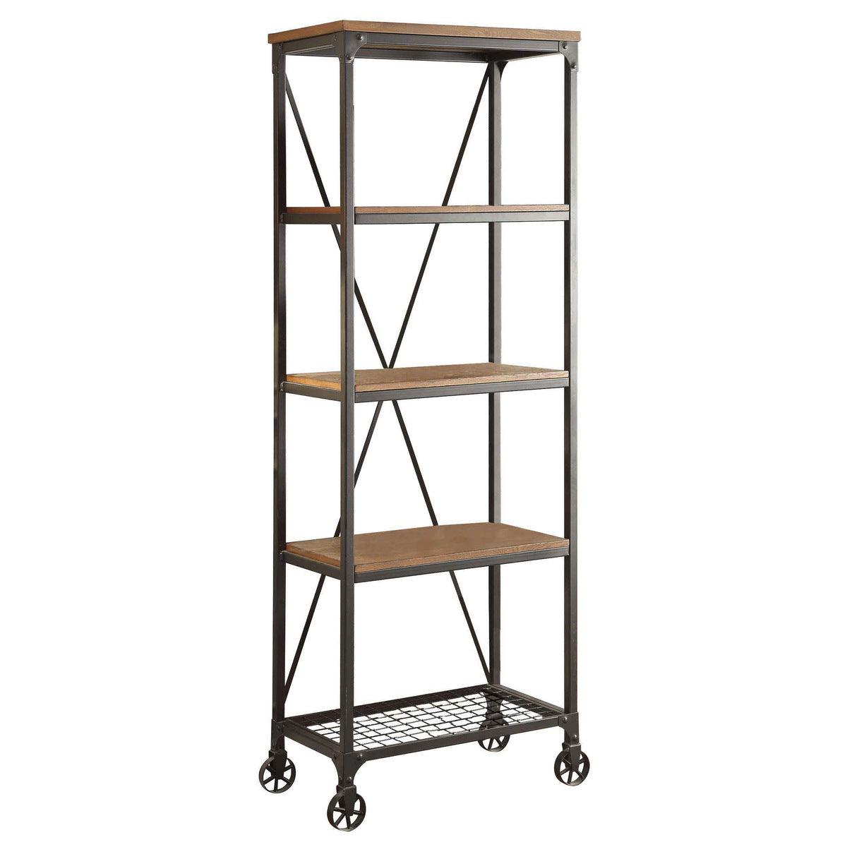 Millwood bookcase angled view showing shelves and metal frame