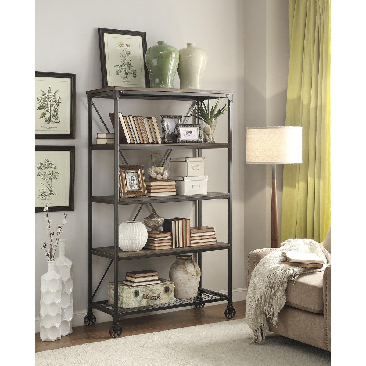 Millwood bookcase side view highlighting metal framing and ash veneer shelves