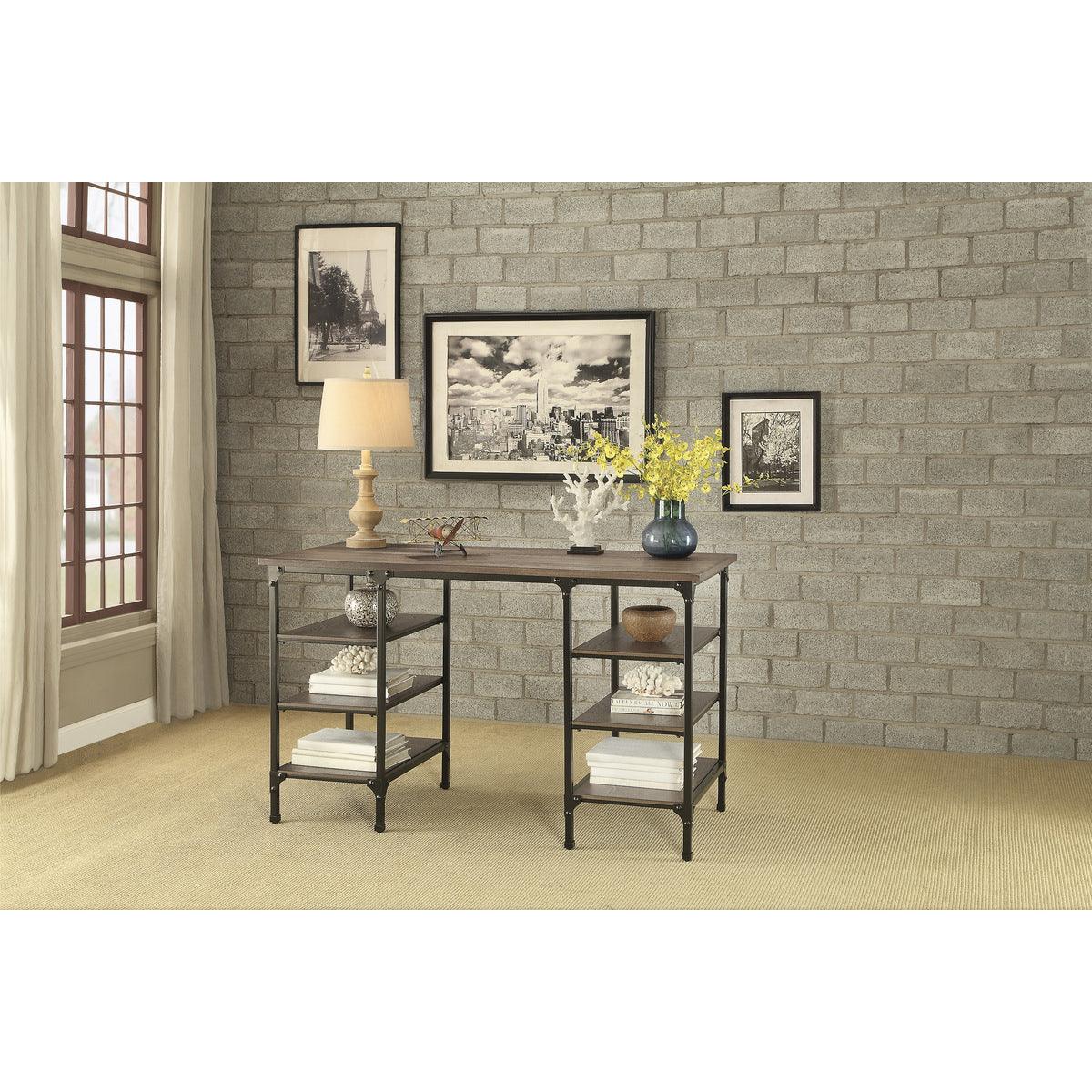 Millwood desk angle showing overall counter height design and metal legs