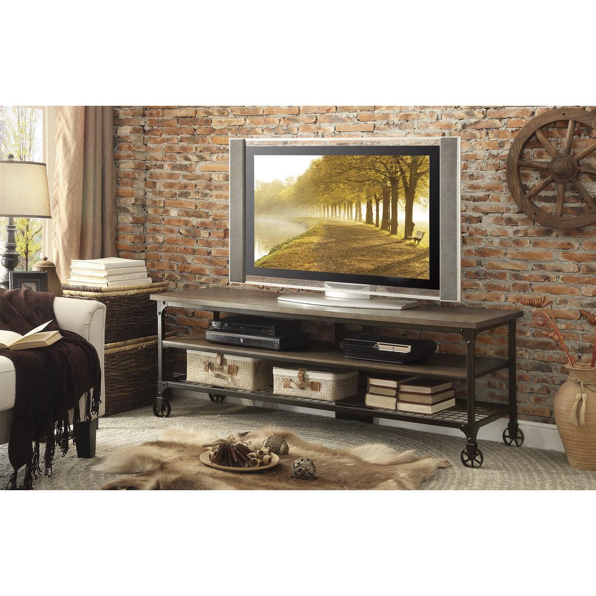 Millwood 65-inch wide TV Stand showing cable management cutouts