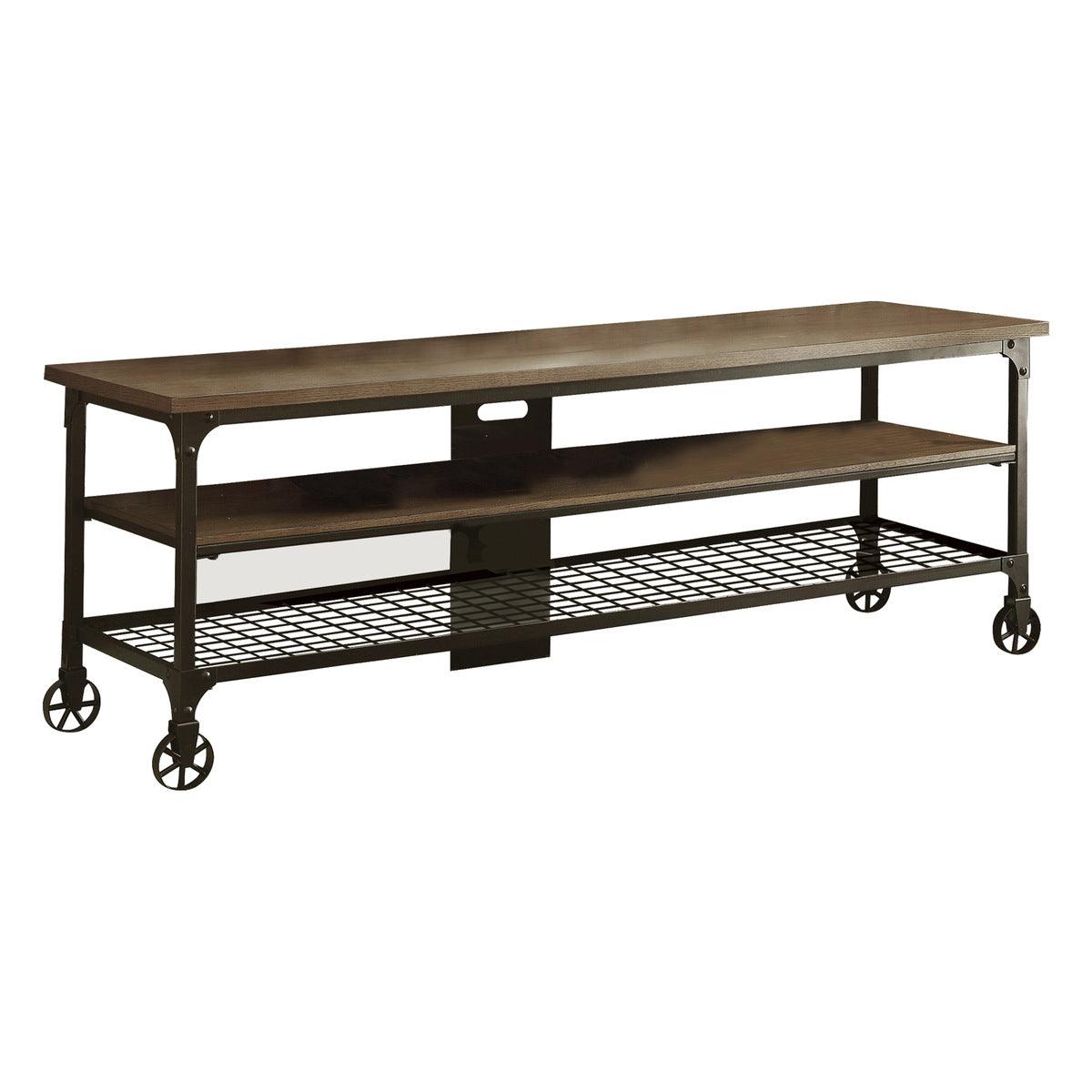 Millwood Weathered Natural Finish and Rustic Black Metal Finish TV Stand front