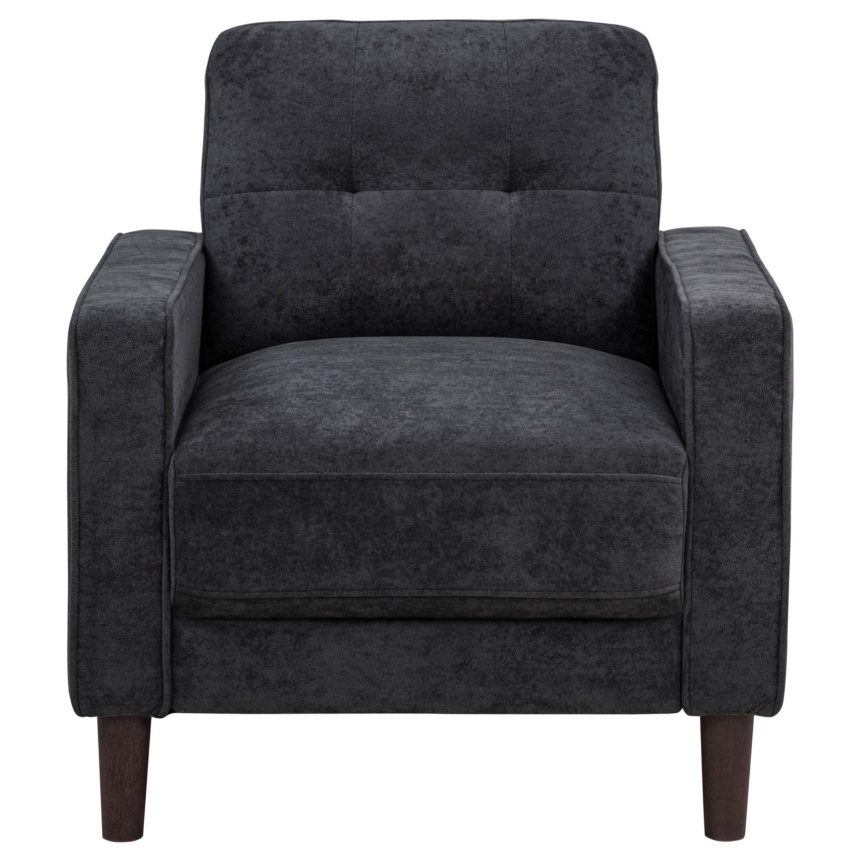Bowen II steel grey fabric chair side view showing tapered legs