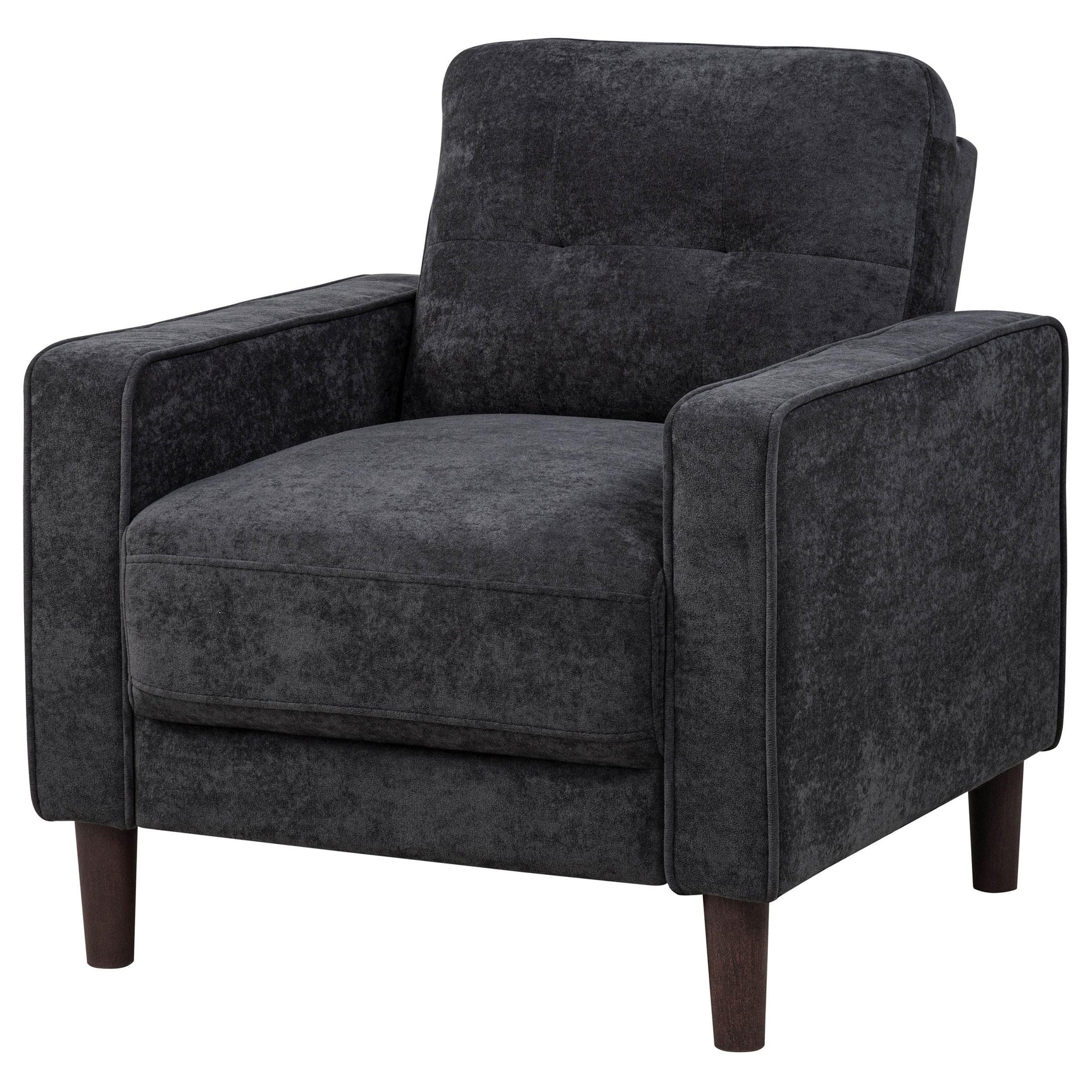 Close-up of Bowen II chair grid-tufted back in steel grey fabric
