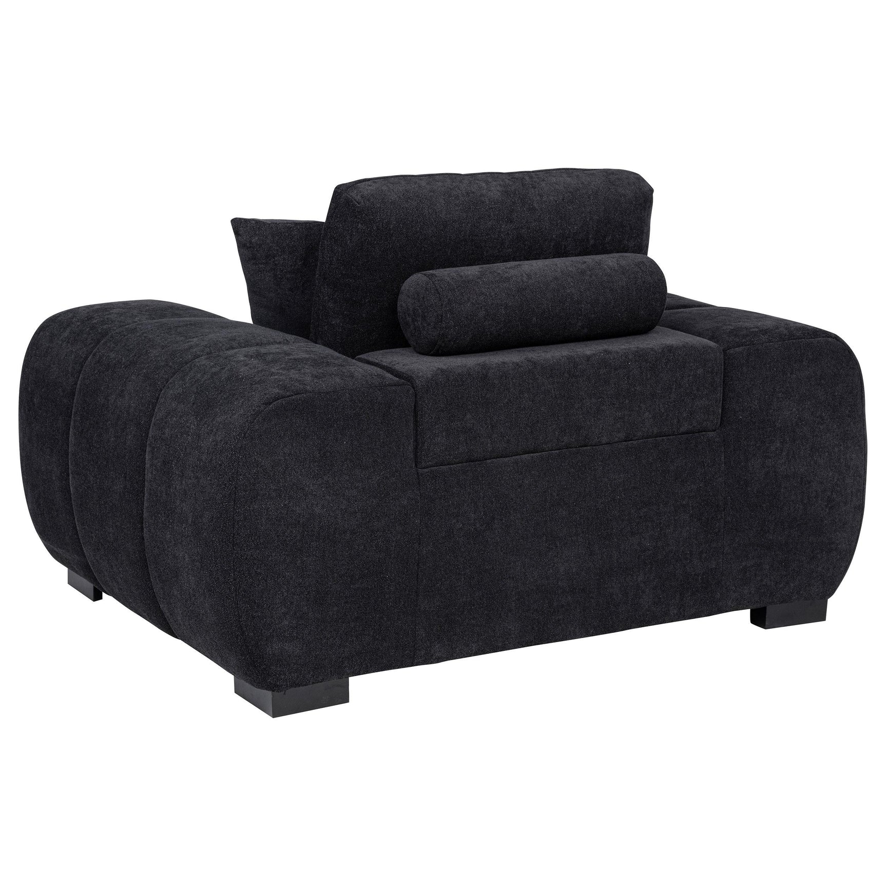 Close-up of black fabric upholstery and channel tufting on Octavia chair