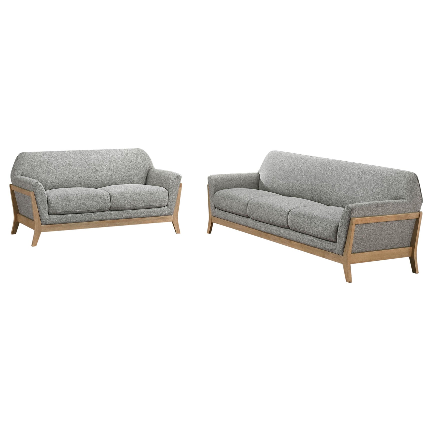 side view of Vaughn grey fabric upholstered sofa and loveseat set