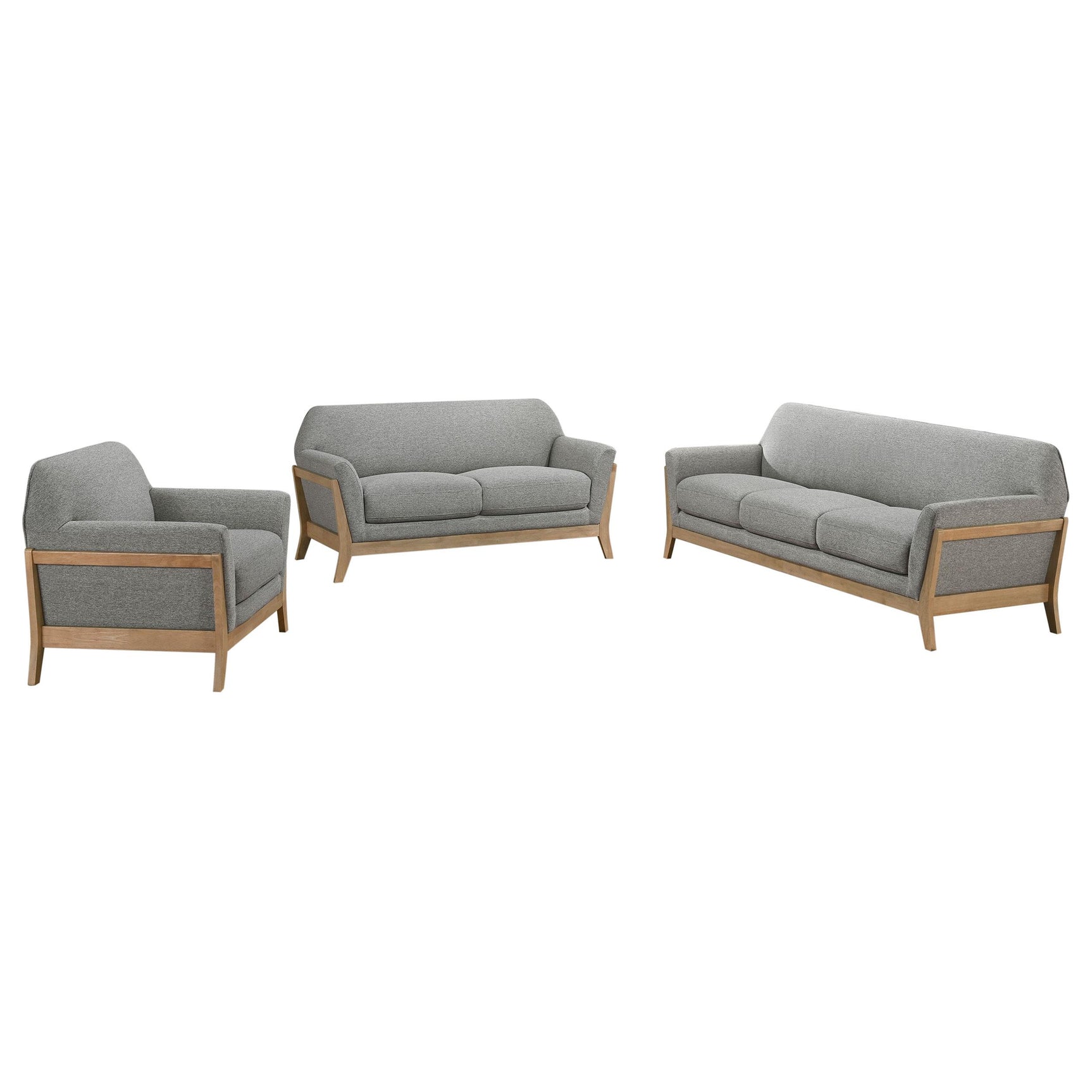 Side view of Vaughn 3-piece grey fabric upholstered sofa and loveseat set