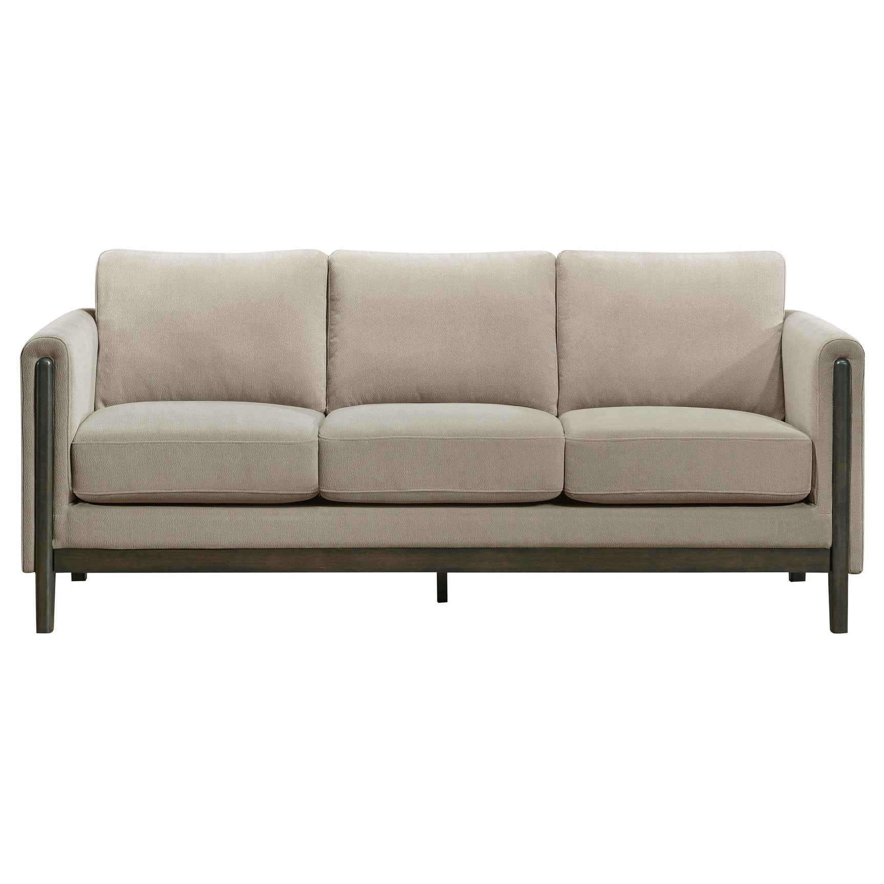 Side view of Islington taupe fabric upholstered panel arm sofa