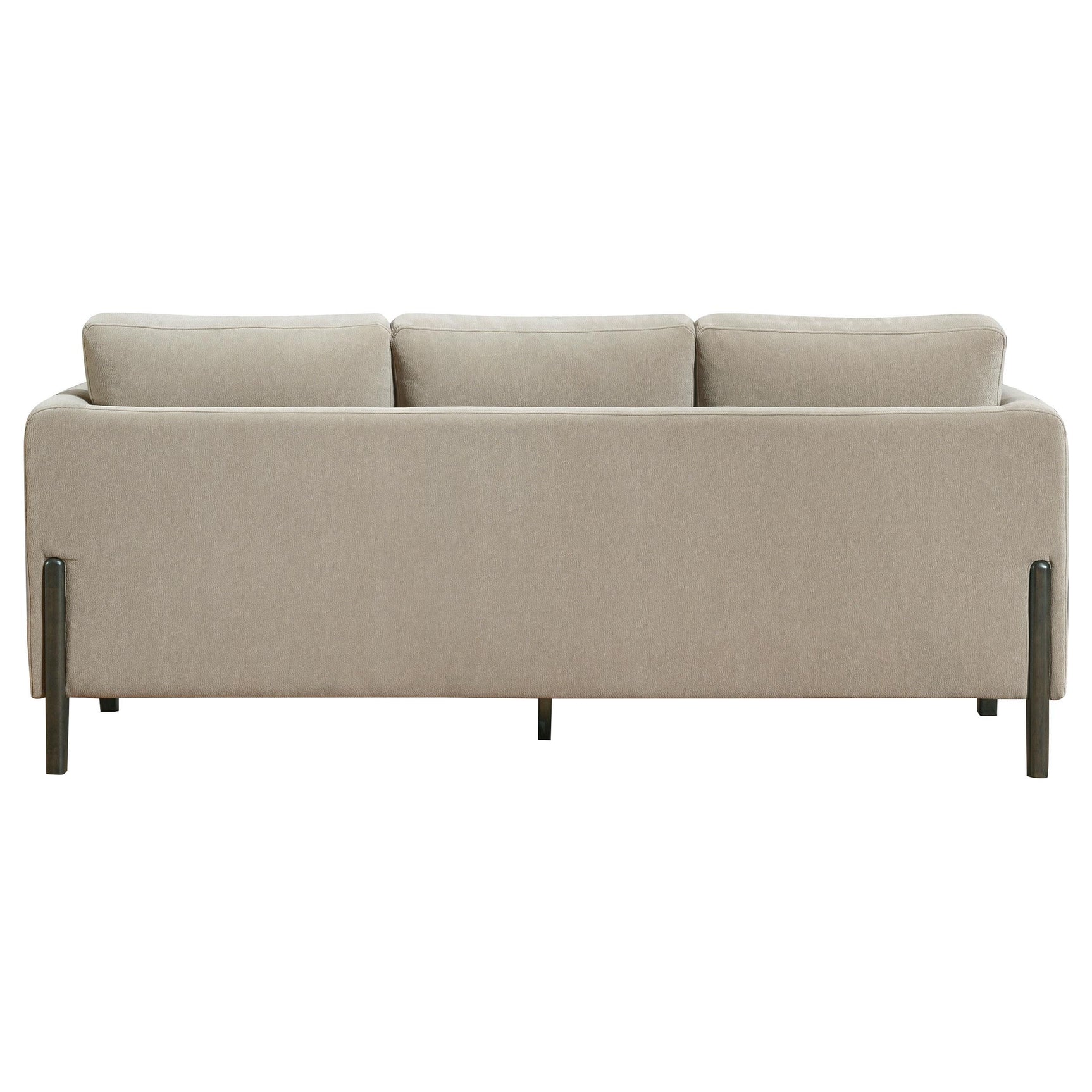 Front view of Islington taupe fabric upholstered panel arm sofa