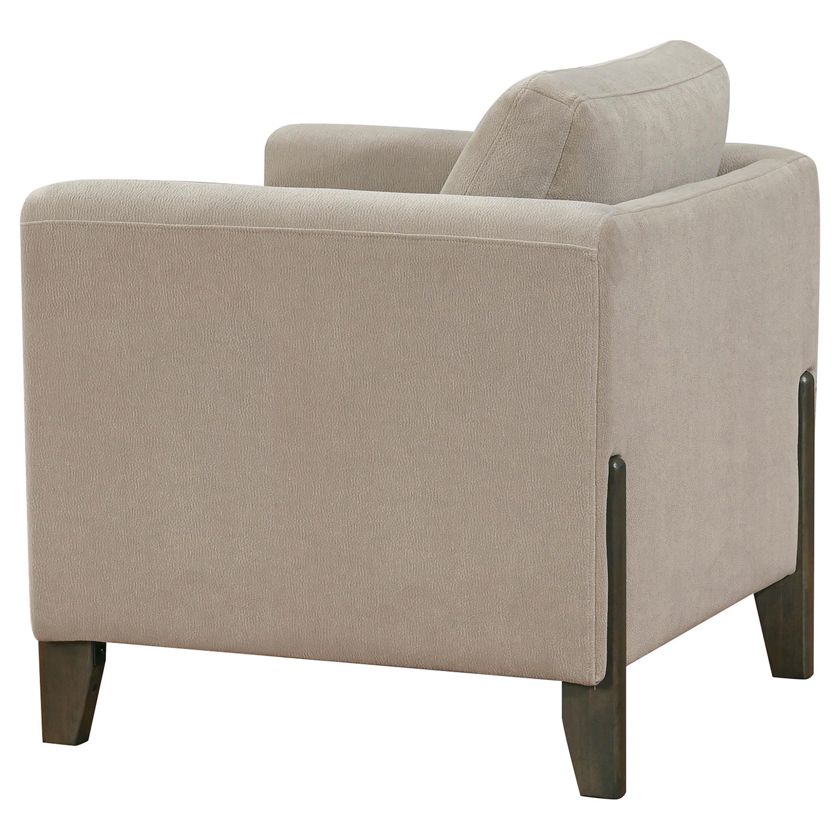 Close-up of taupe fabric upholstery and brown stitching on Islington chair