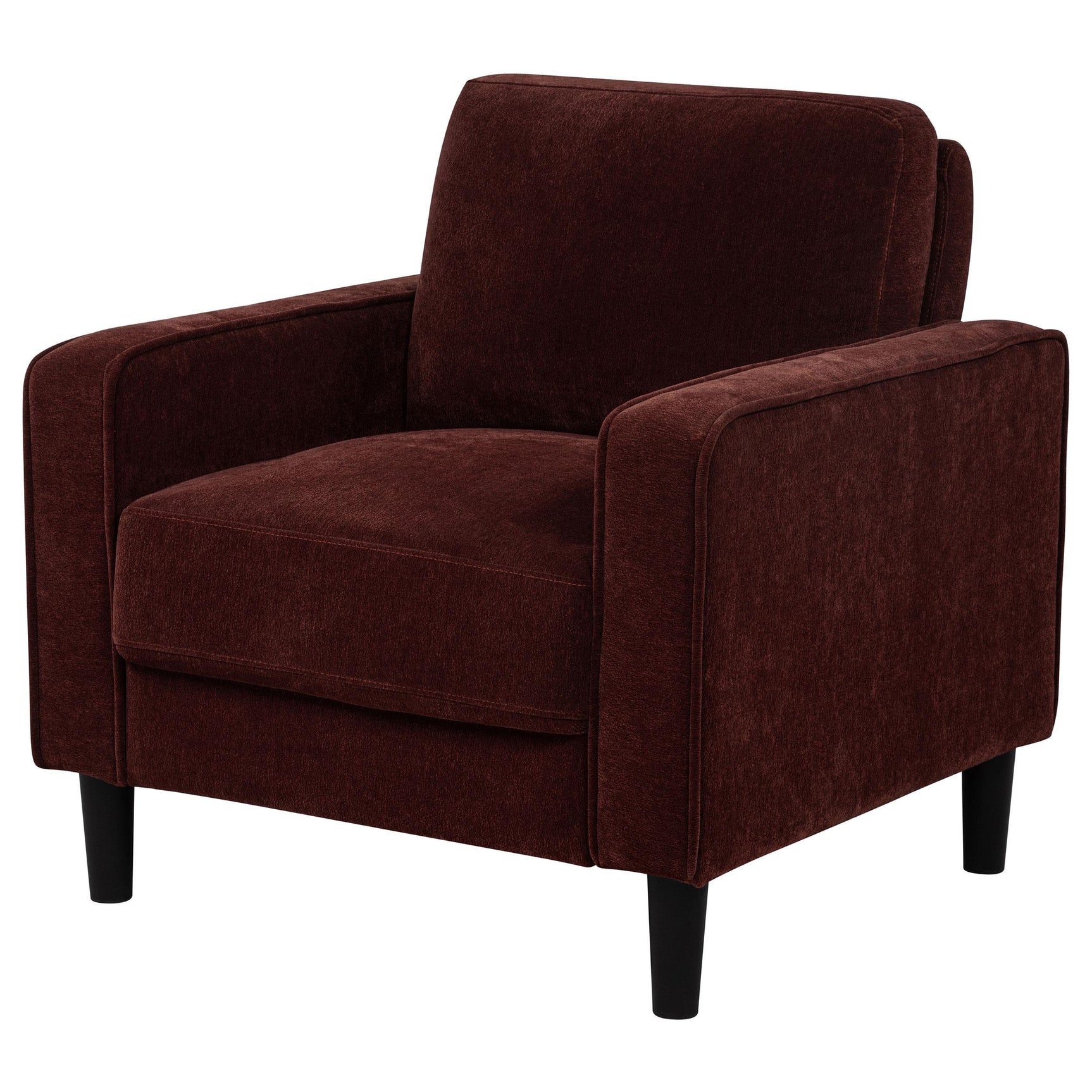 Back view showing fabric upholstery and tapered legs
