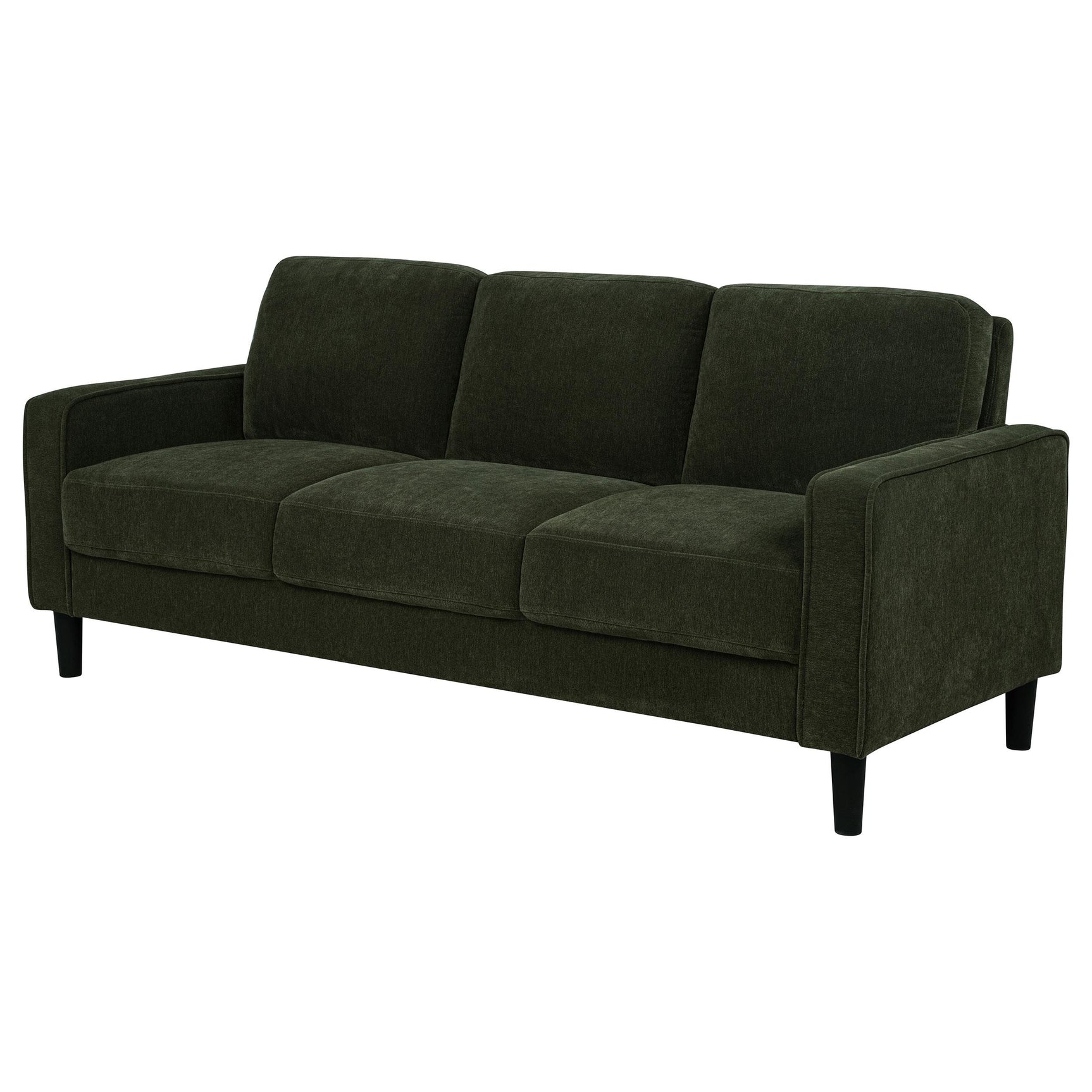 Detail of fabric and track arm on Ruth 77-inch sofa in matcha green