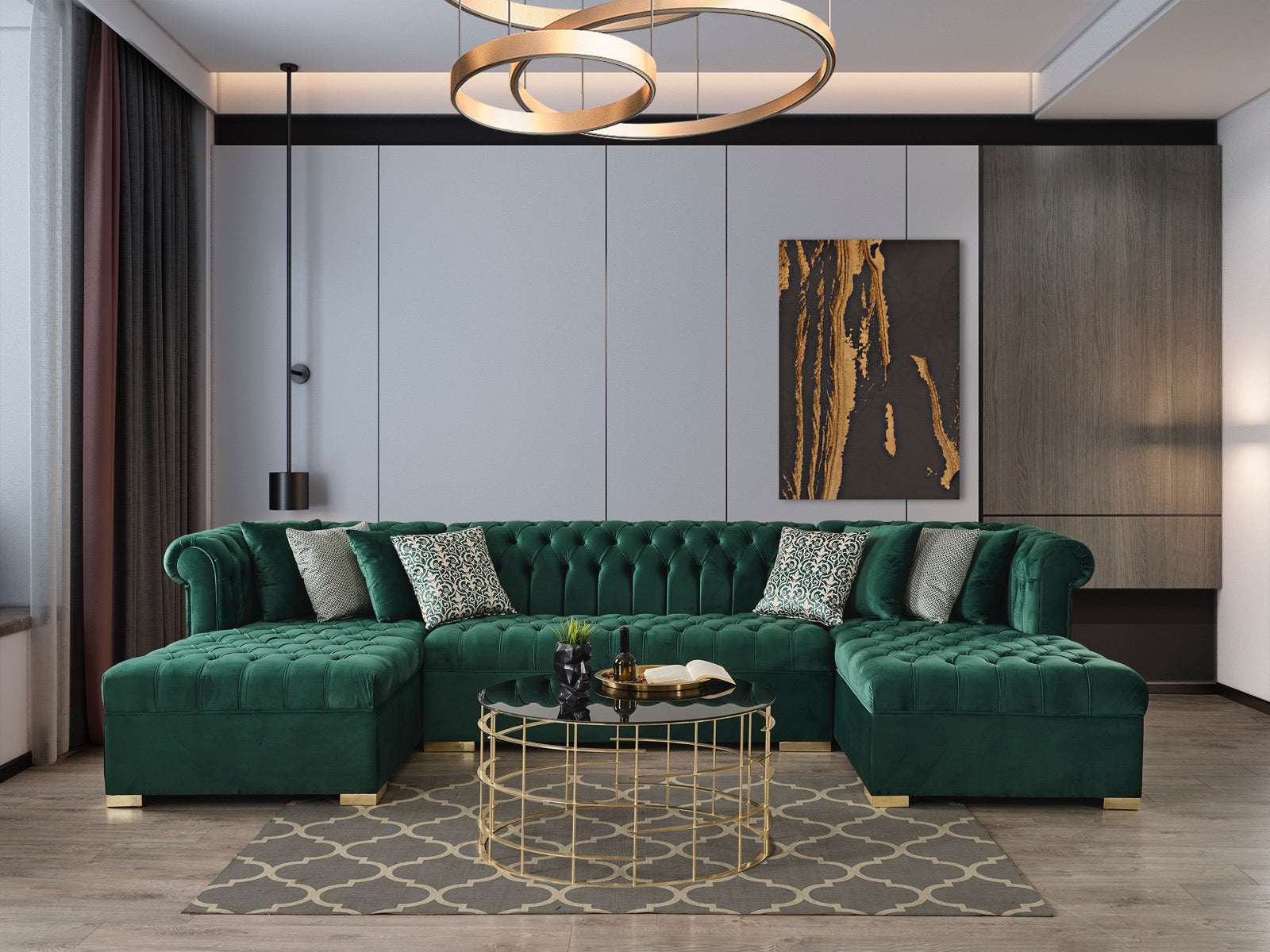 Detail of green velvet fabric on Emma sectional