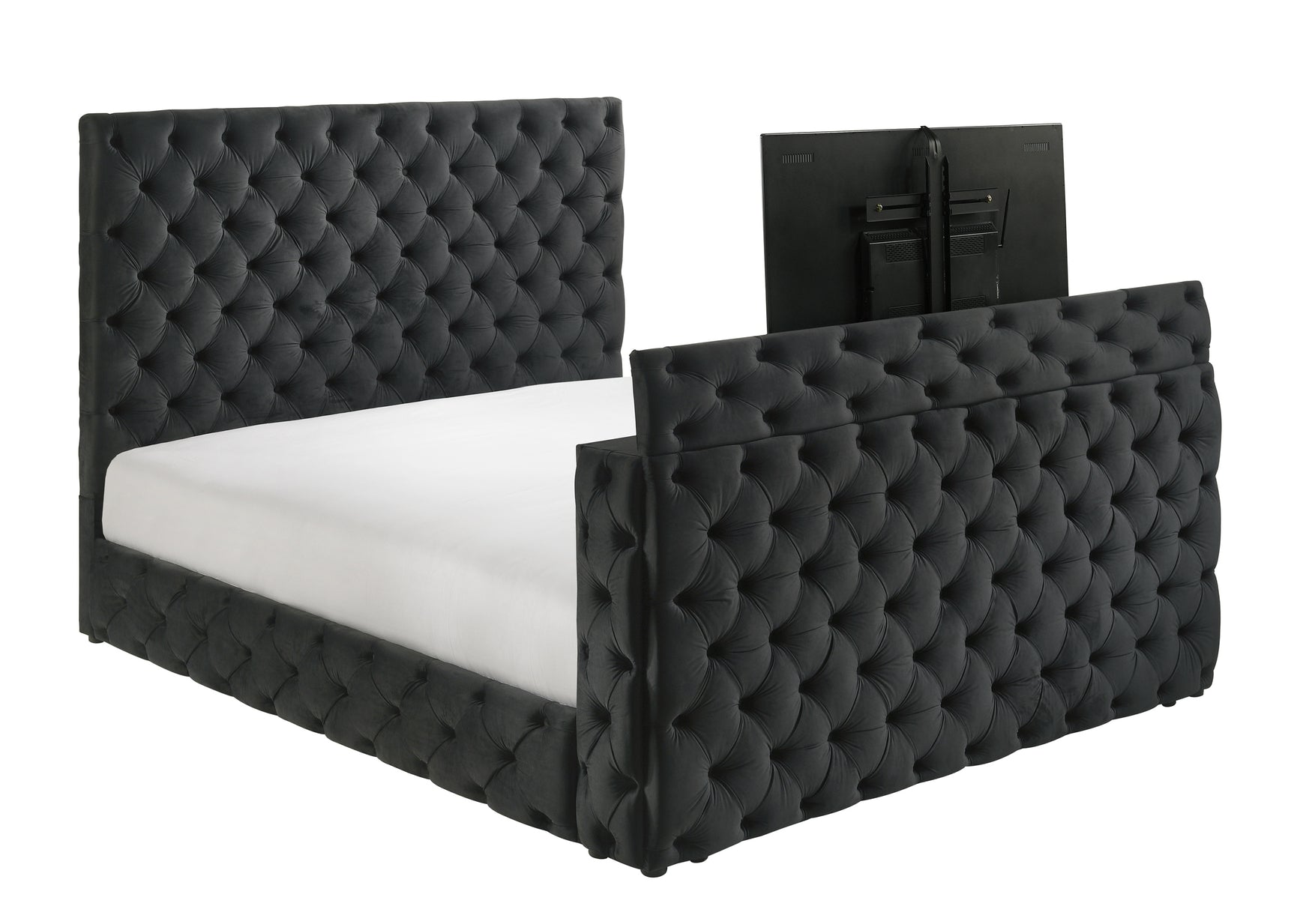 Close up of tufted black upholstery on headboard