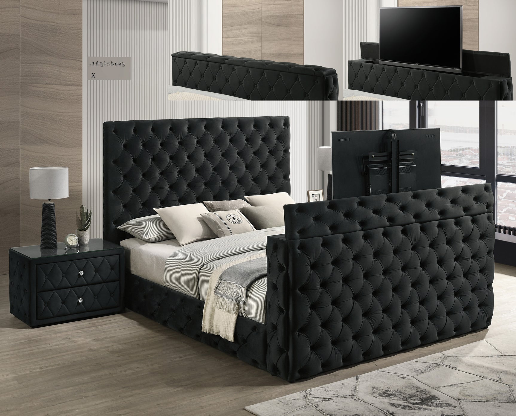 Full bed assembled showing modern black upholstery