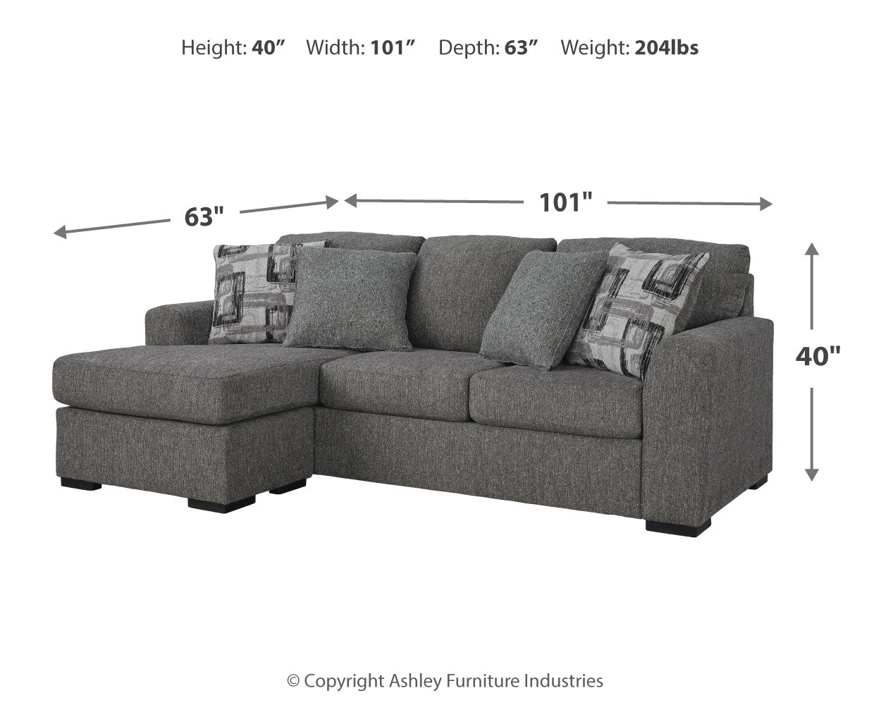 Dimensions illustration of Gardiner sofa chaise