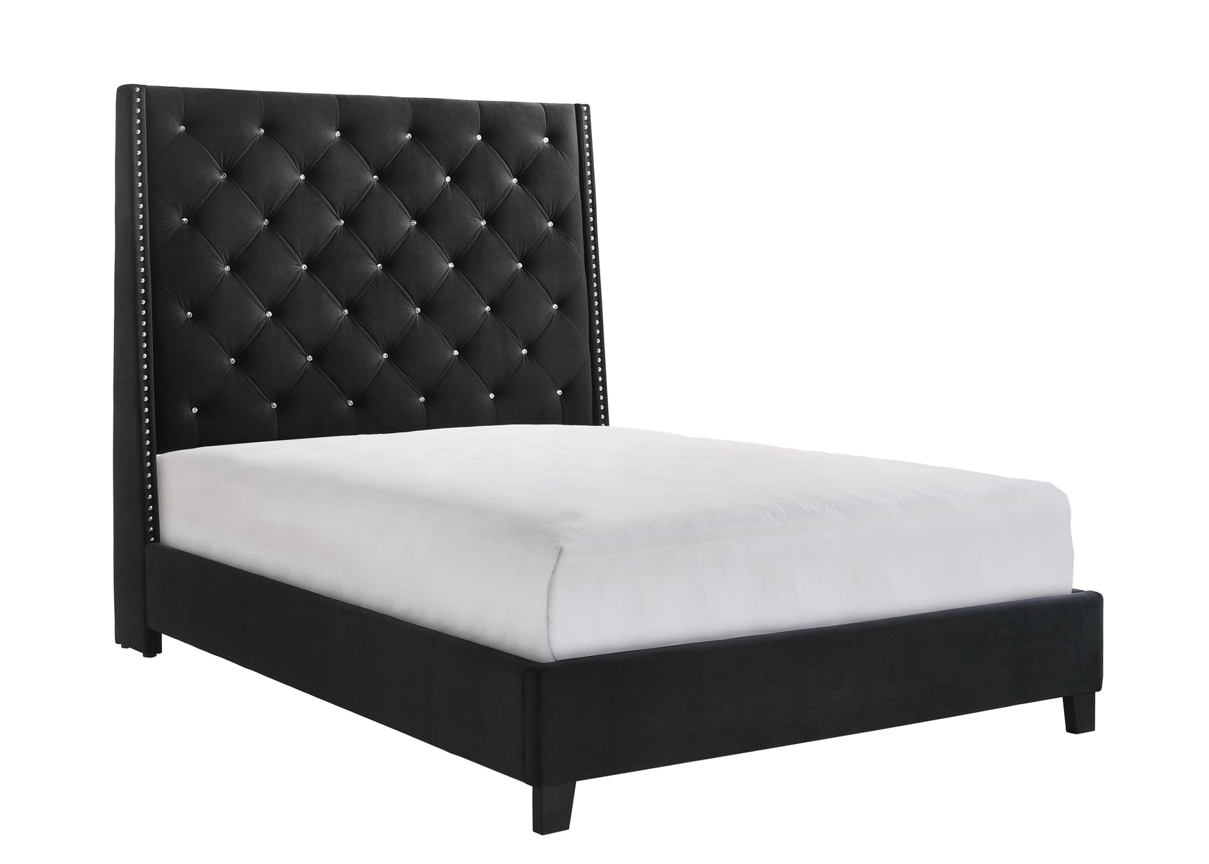 Chantilly Black Velvet Upholstered Tufted Queen Bed - angled side view