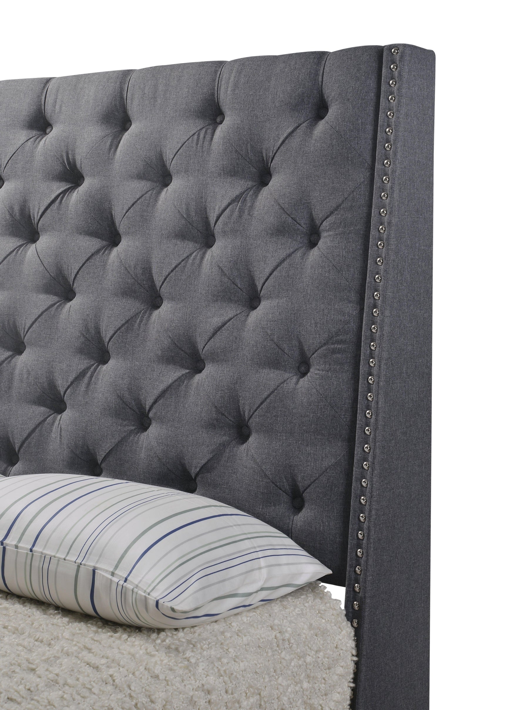 Detail of wood frame and metal legs on Chantilly King Bed