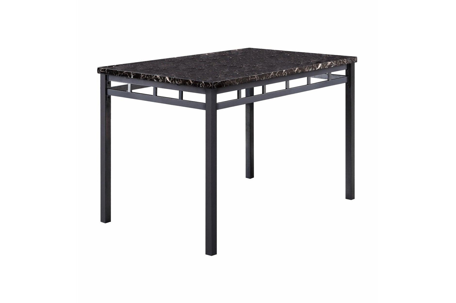 Room view of Olney black faux leather chairs with faux marble rectangular dining table