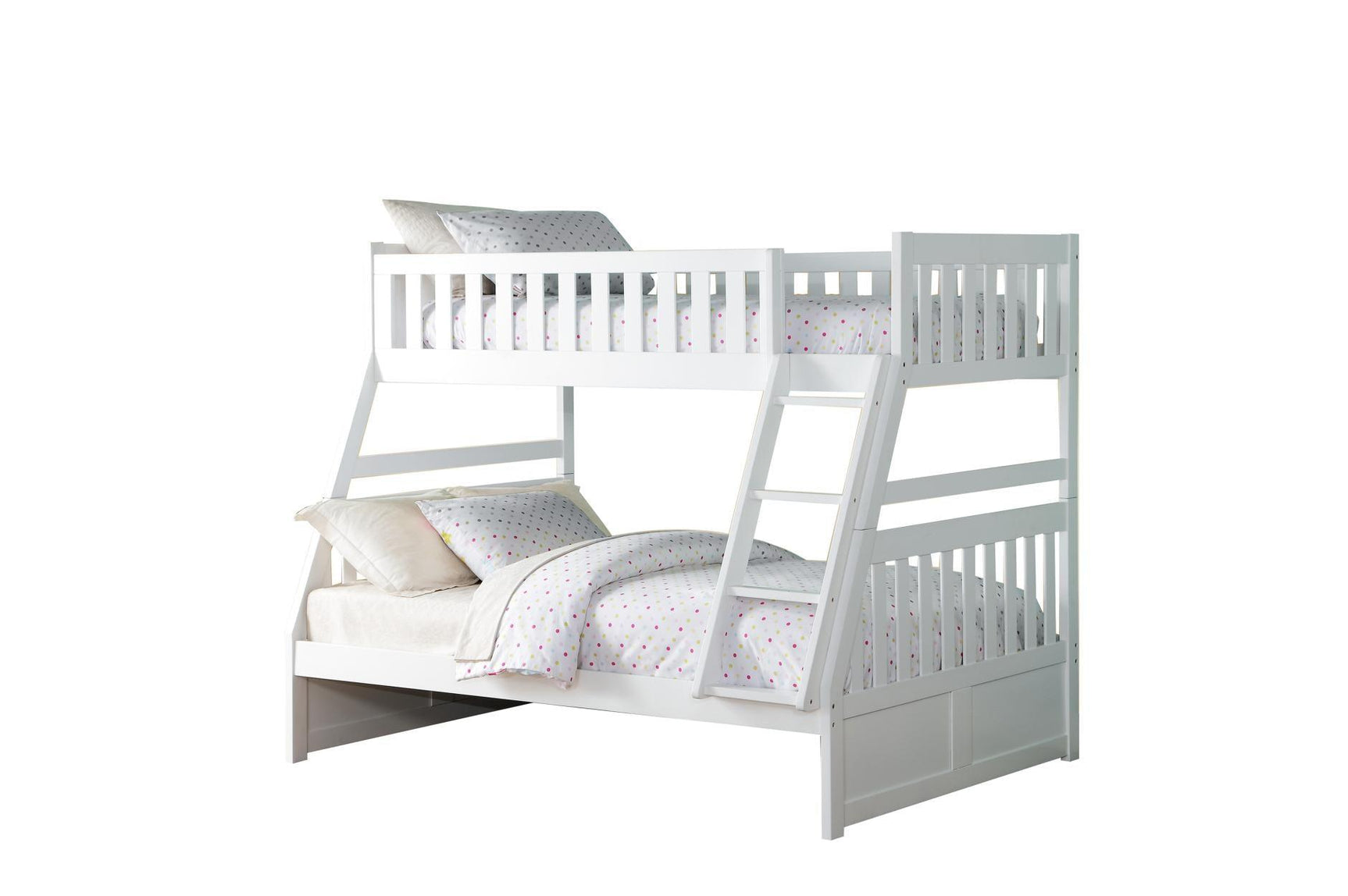 Close-up of white solid wood frame and storage drawers in Galen bunk bed
