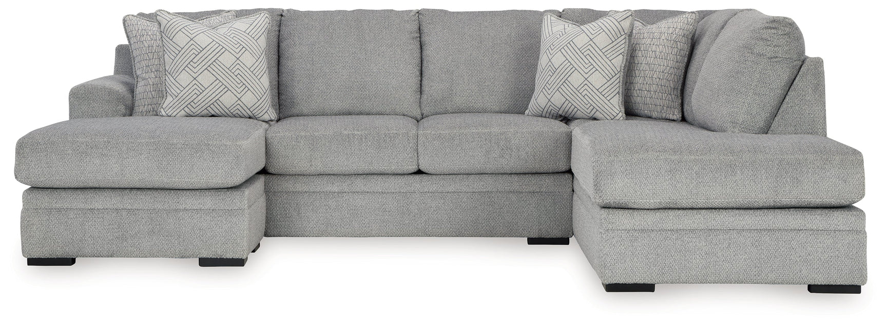Close-up detail of Casselbury Cement Velvet sectional fabric and cushions