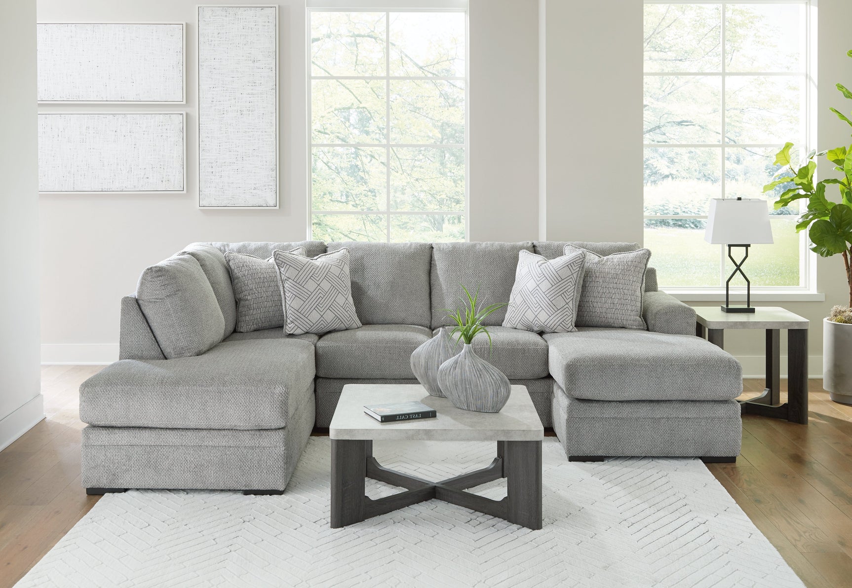 Room setting featuring Casselbury Cement Velvet sectional sofa with chaise