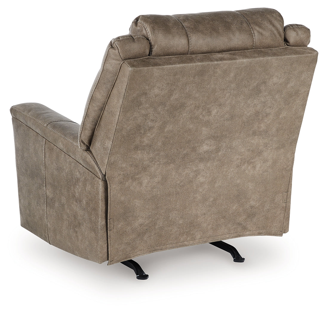 reclined angle of Lixtowel Fog Faux Leather Recliner