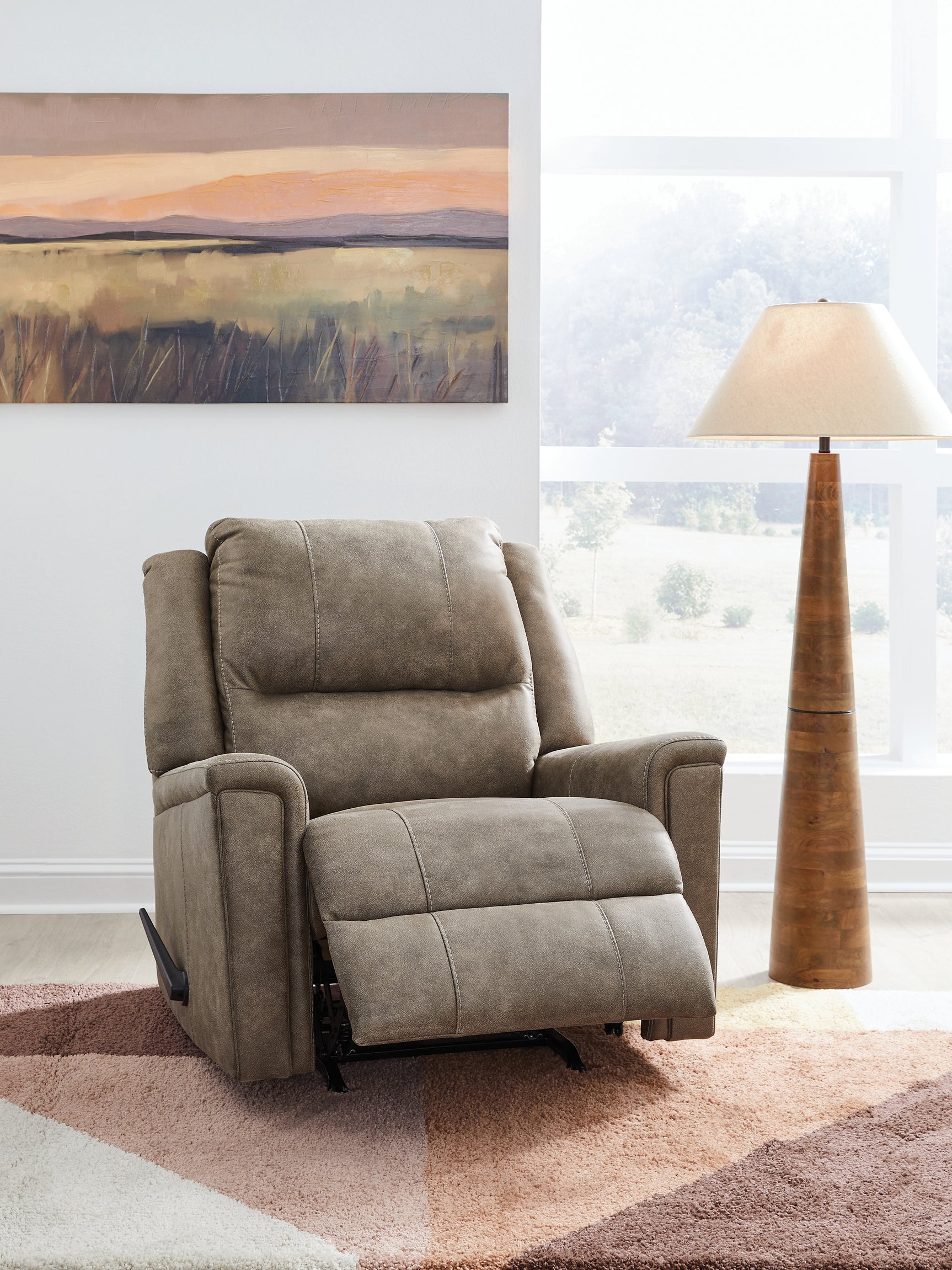 open reclined position of Lixtowel Fog Faux Leather Recliner