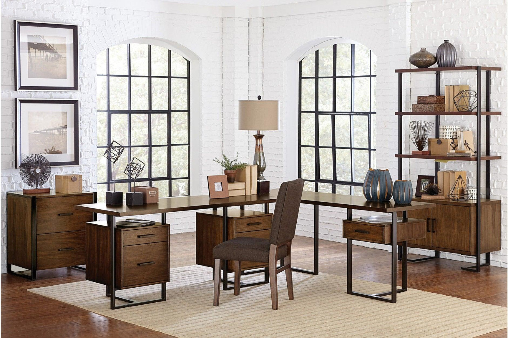 Sedley side chair front view with dark brown walnut veneer and dark metal frame