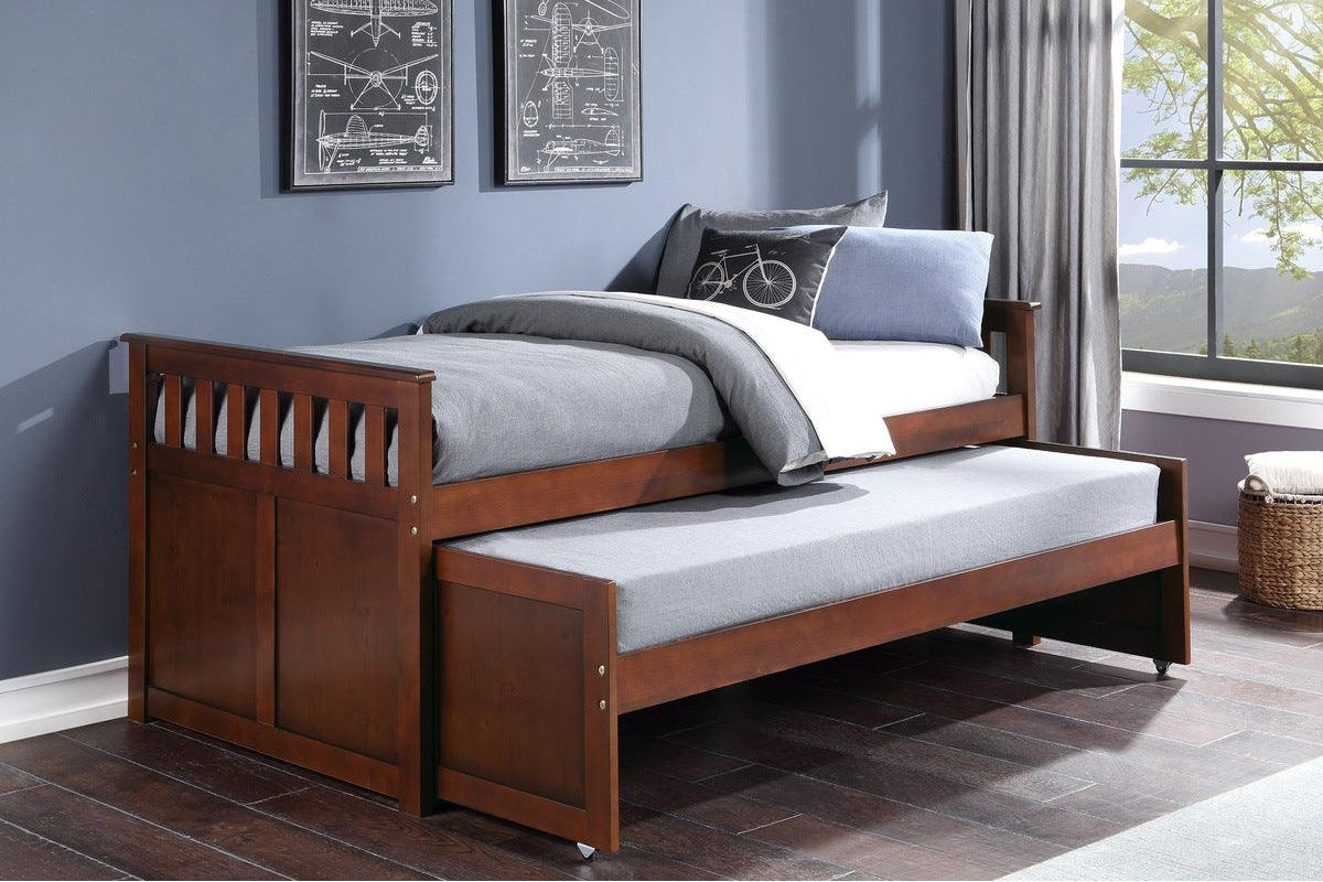 Rowe Dark Cherry Twin Over Twin Bed angled view
